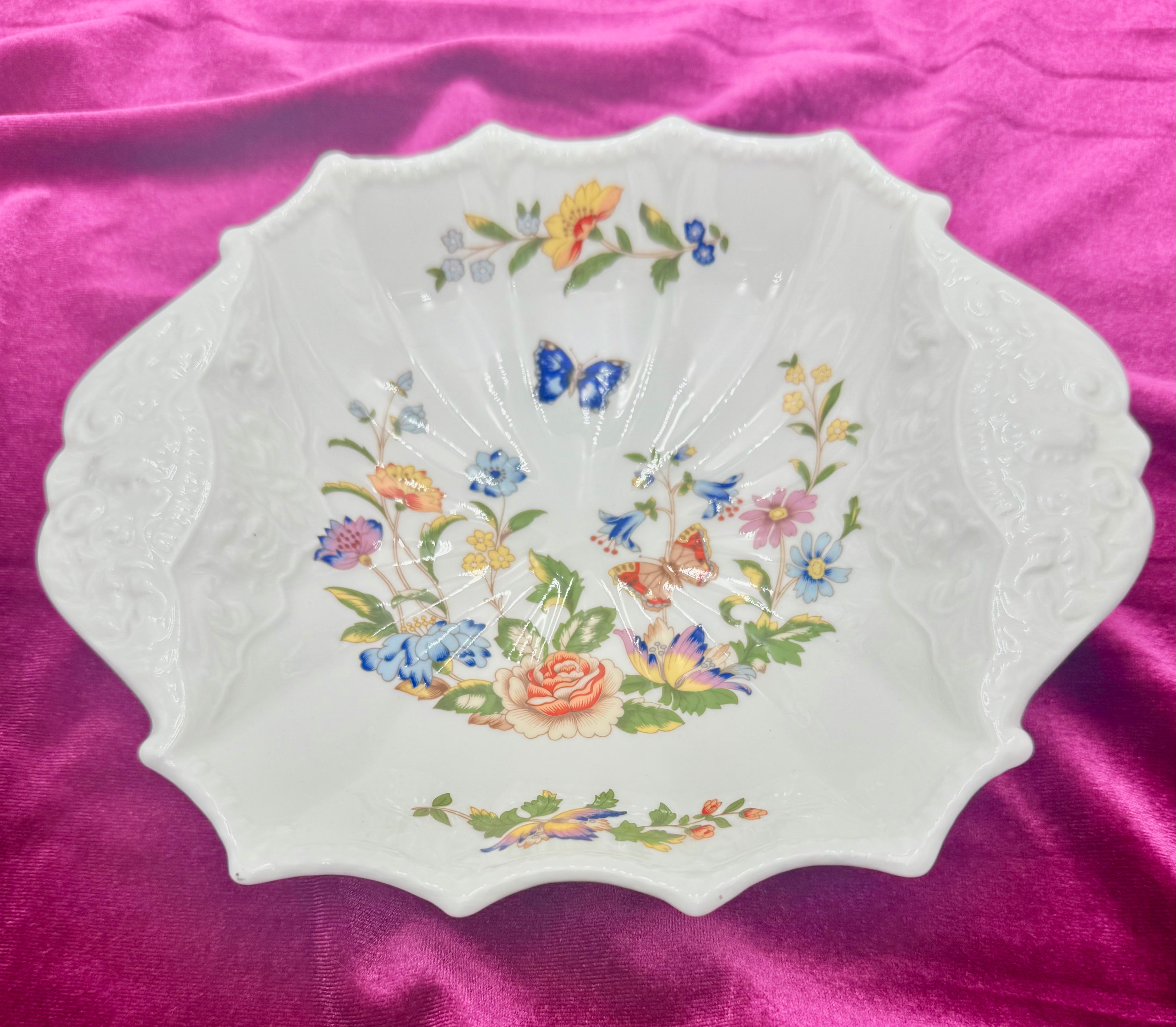 ANSLEY COTTAGE GARDEN SCALLOPED SHELL DISH VINTAGE ENGLISH BONE CHINA FLORAL BUTTERFLY DECORATIVE BOWL