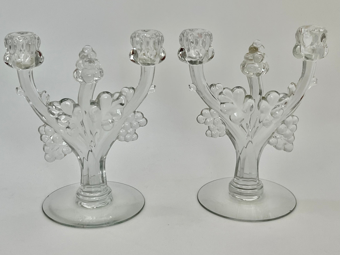 PAIR OF ANTIQUE HEISEY GLASS RARE GRAPE CLUSTER CANDELABRAS, CIRCA 1935