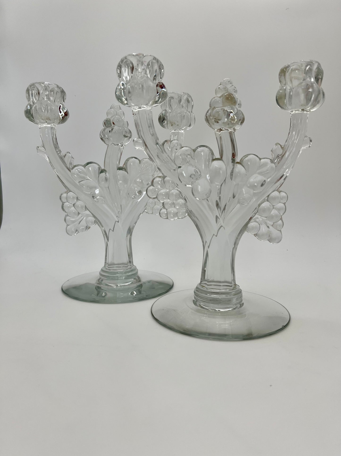 PAIR OF ANTIQUE HEISEY GLASS RARE GRAPE CLUSTER CANDELABRAS, CIRCA 1935