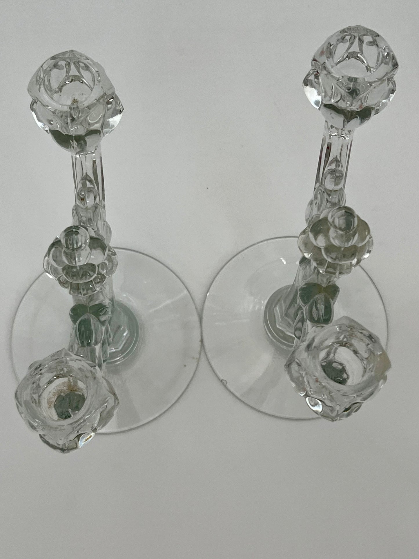 PAIR OF ANTIQUE HEISEY GLASS RARE GRAPE CLUSTER CANDELABRAS, CIRCA 1935