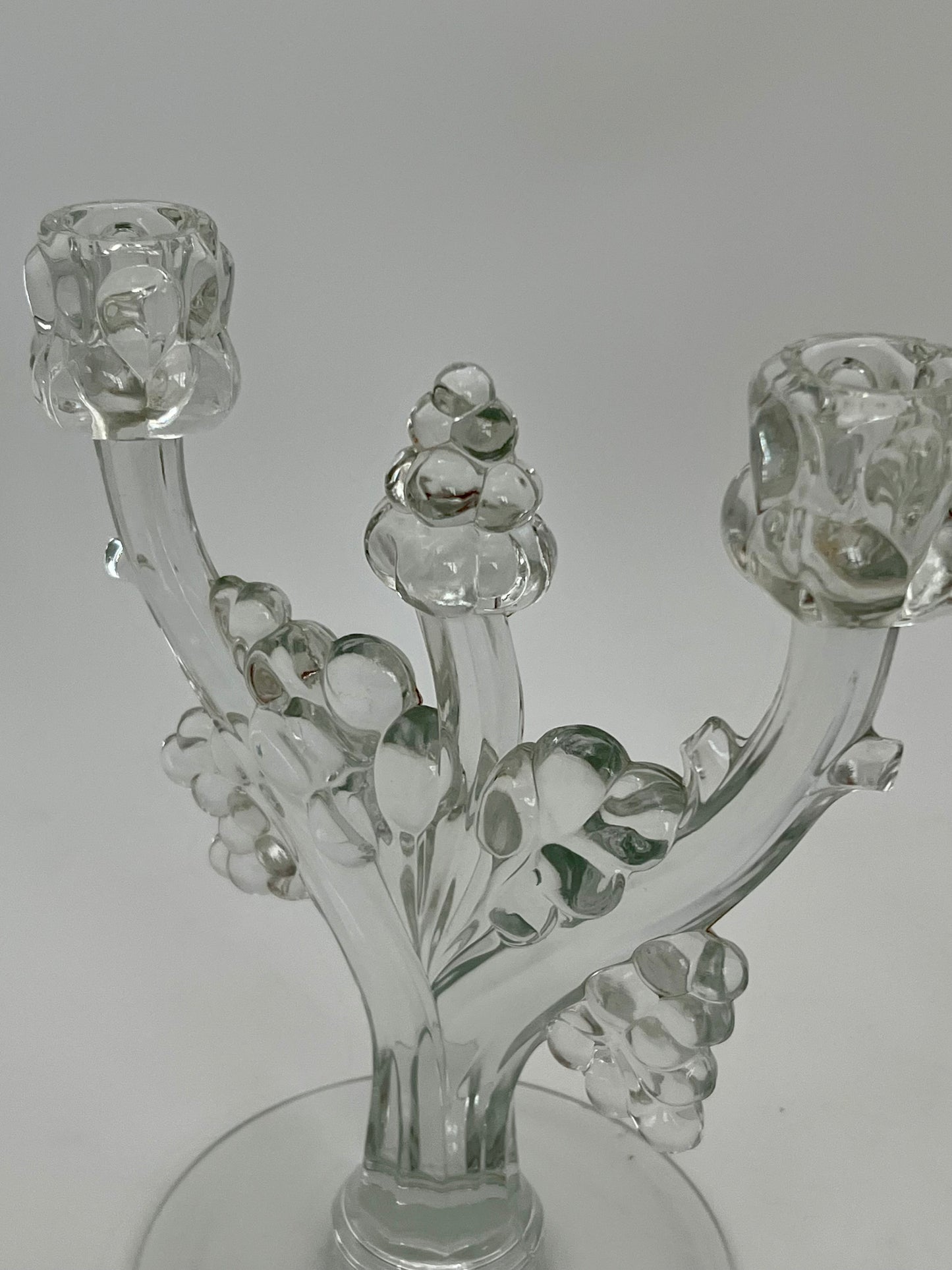 PAIR OF ANTIQUE HEISEY GLASS RARE GRAPE CLUSTER CANDELABRAS, CIRCA 1935