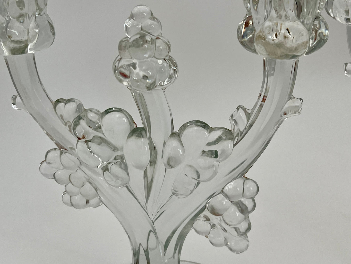 PAIR OF ANTIQUE HEISEY GLASS RARE GRAPE CLUSTER CANDELABRAS, CIRCA 1935