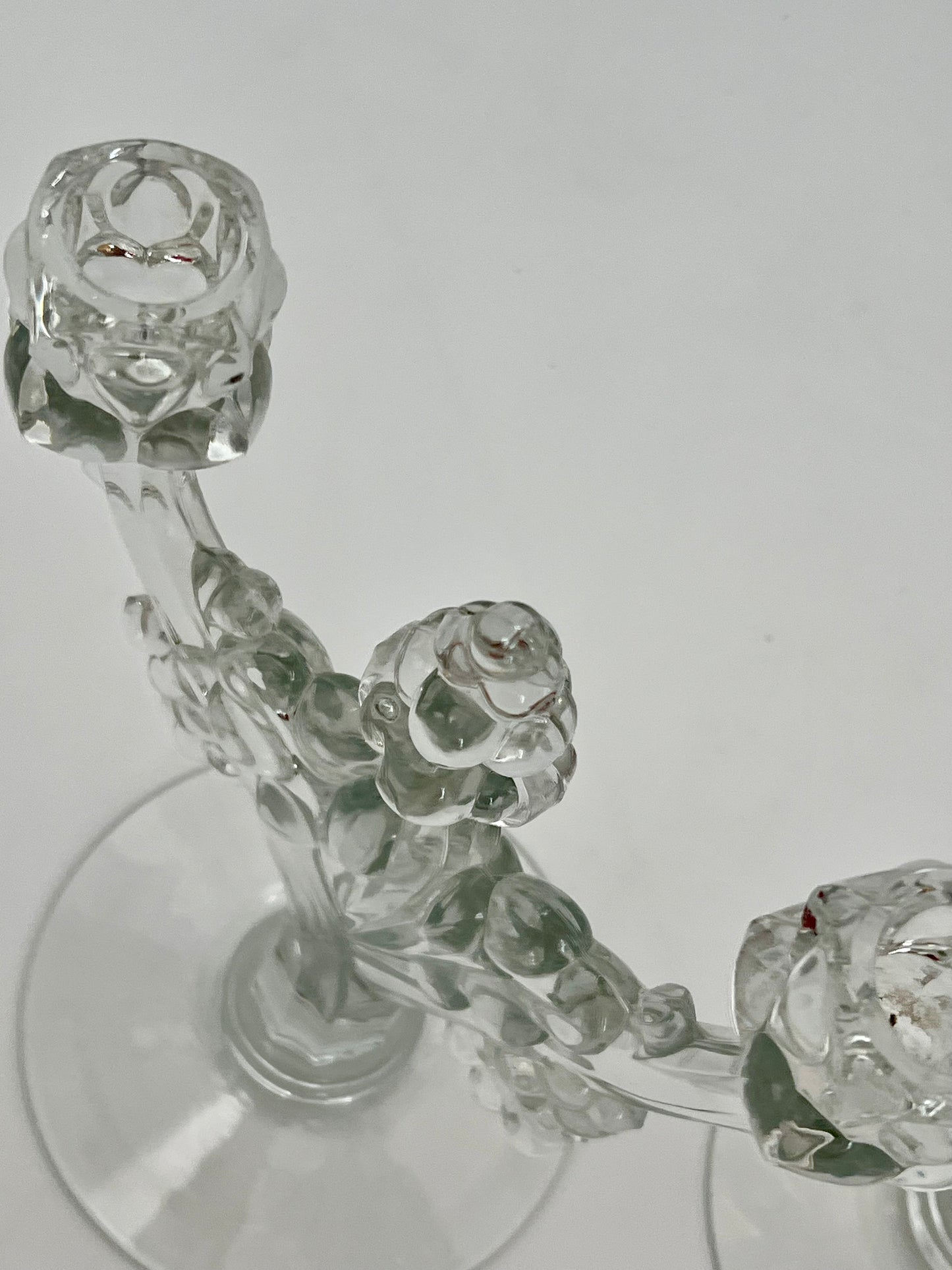 PAIR OF ANTIQUE HEISEY GLASS RARE GRAPE CLUSTER CANDELABRAS, CIRCA 1935