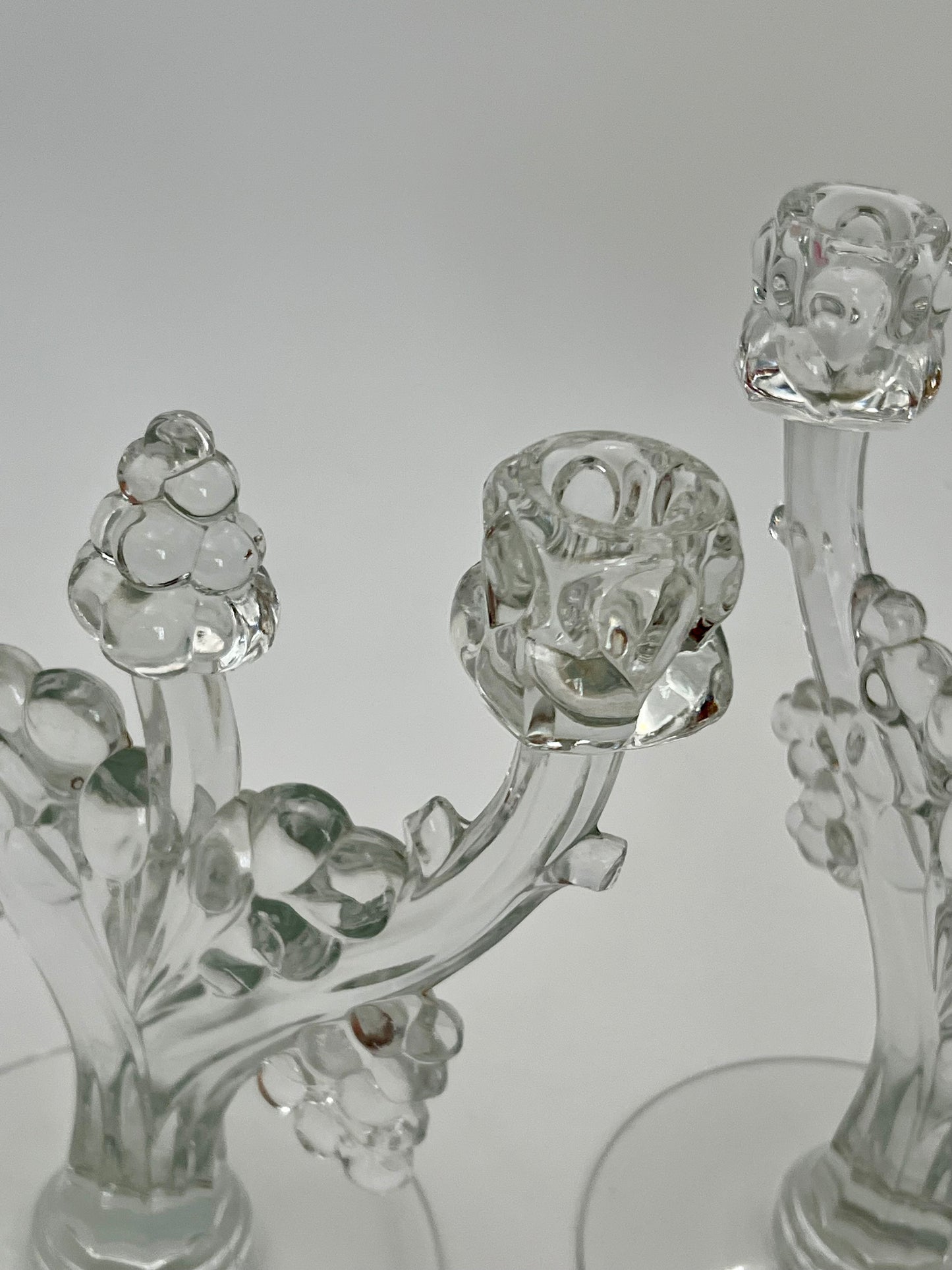 PAIR OF ANTIQUE HEISEY GLASS RARE GRAPE CLUSTER CANDELABRAS, CIRCA 1935