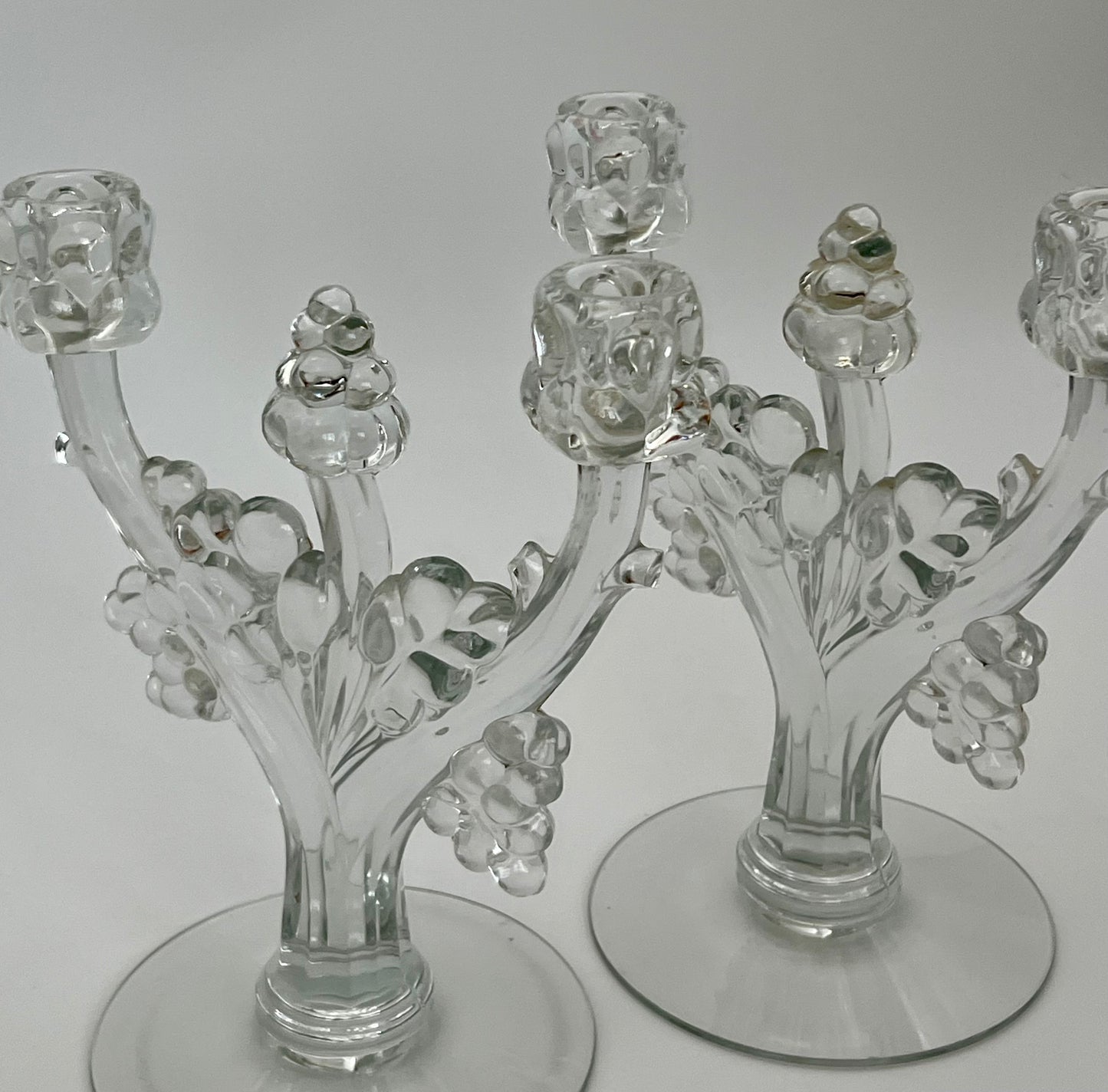 PAIR OF ANTIQUE HEISEY GLASS RARE GRAPE CLUSTER CANDELABRAS, CIRCA 1935