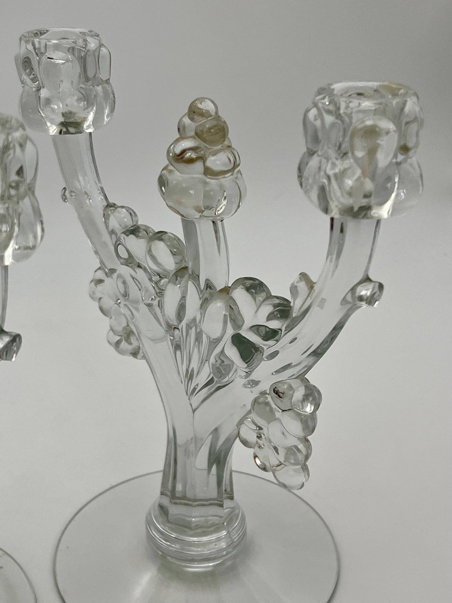 PAIR OF ANTIQUE HEISEY GLASS RARE GRAPE CLUSTER CANDELABRAS, CIRCA 1935