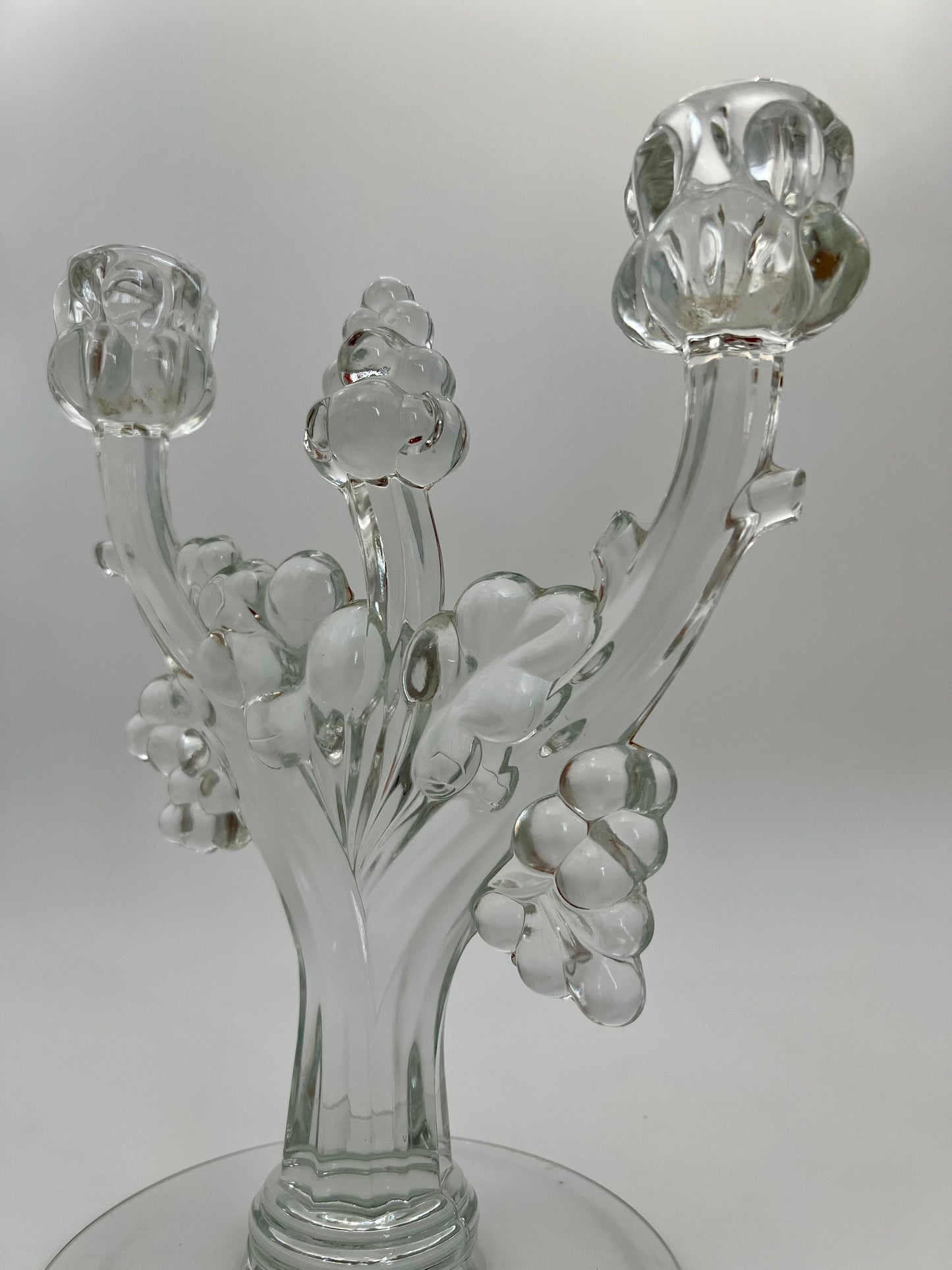 PAIR OF ANTIQUE HEISEY GLASS RARE GRAPE CLUSTER CANDELABRAS, CIRCA 1935