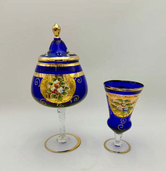 VINTAGE BOHEMIAN GLASS BLUE AND GOLD CANDY DISH AND VASE