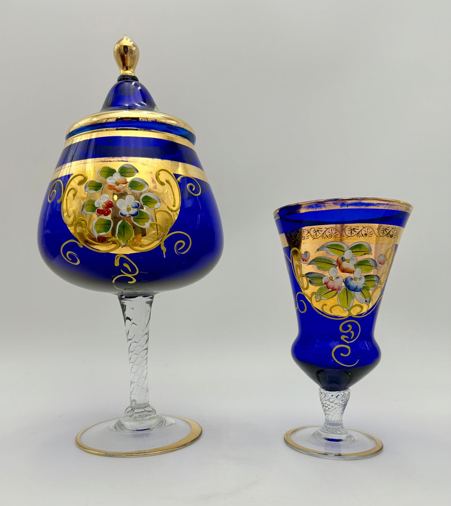 VINTAGE BOHEMIAN GLASS BLUE AND GOLD CANDY DISH AND VASE