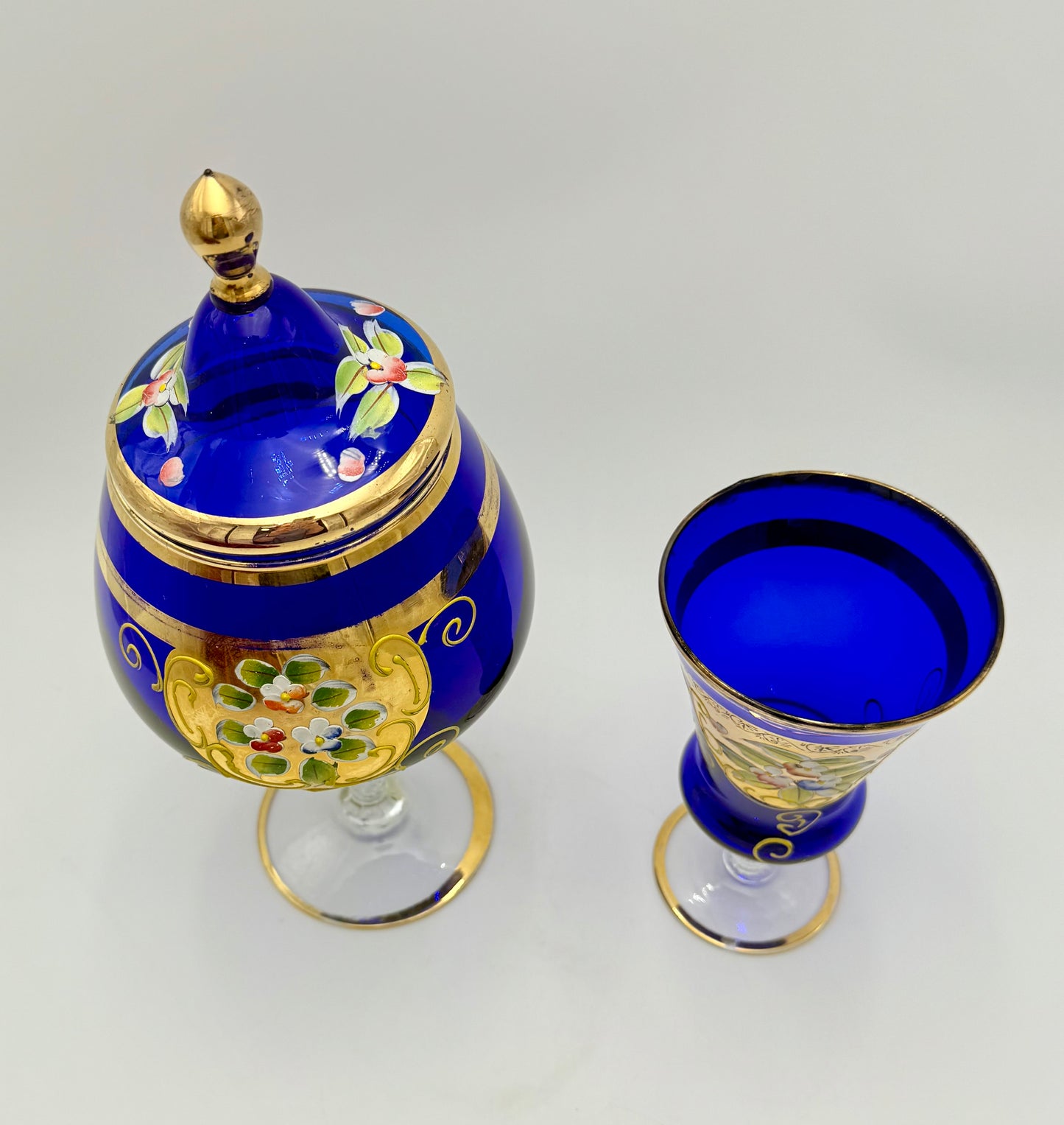 VINTAGE BOHEMIAN GLASS BLUE AND GOLD CANDY DISH AND VASE
