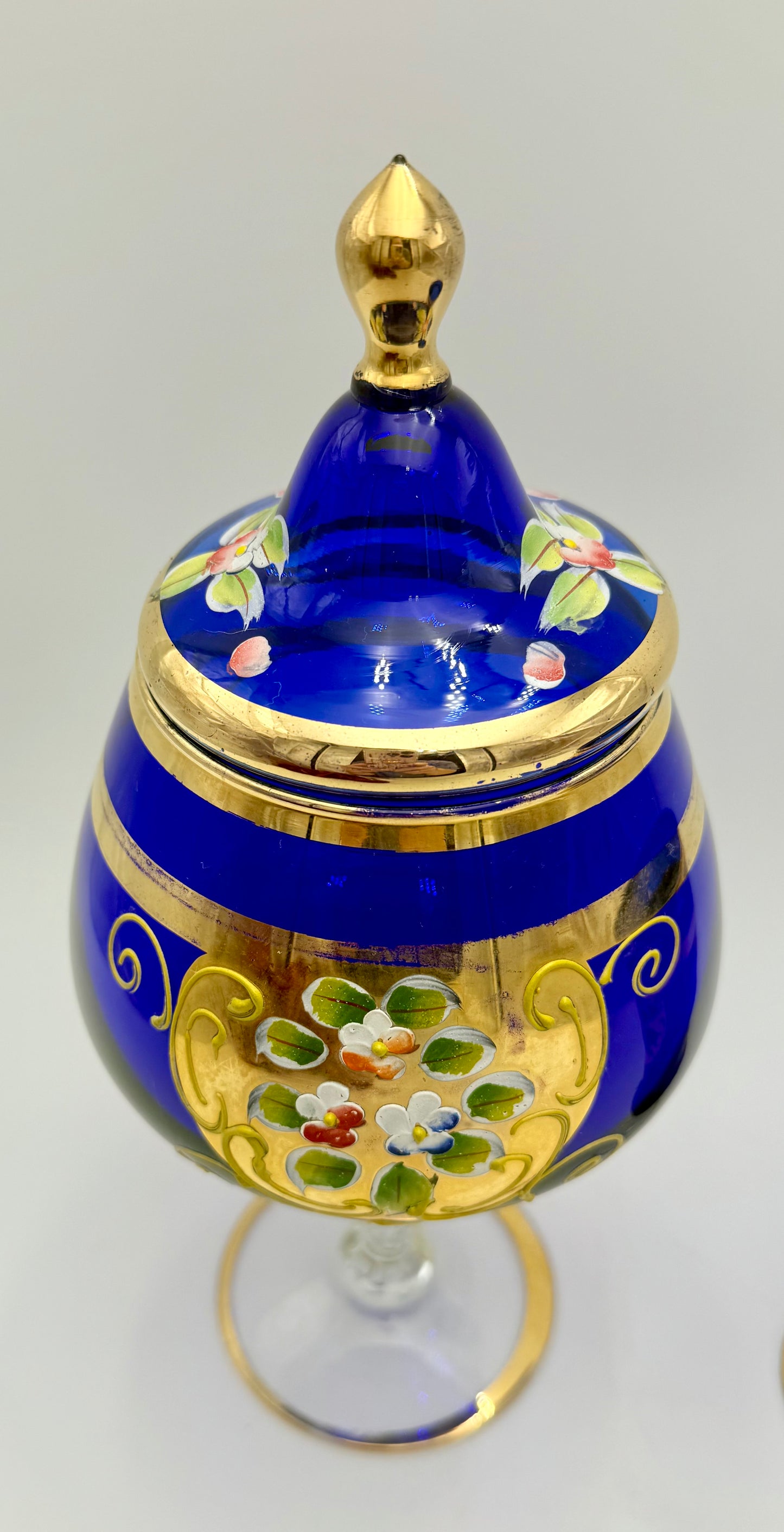VINTAGE BOHEMIAN GLASS BLUE AND GOLD CANDY DISH AND VASE