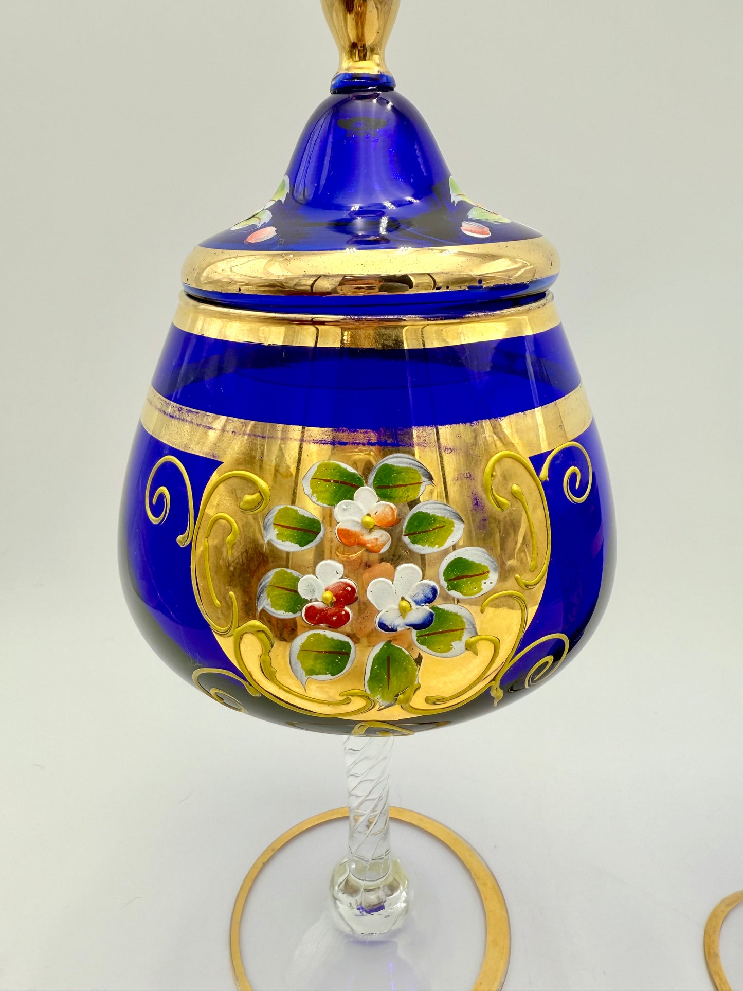 VINTAGE BOHEMIAN GLASS BLUE AND GOLD CANDY DISH AND VASE