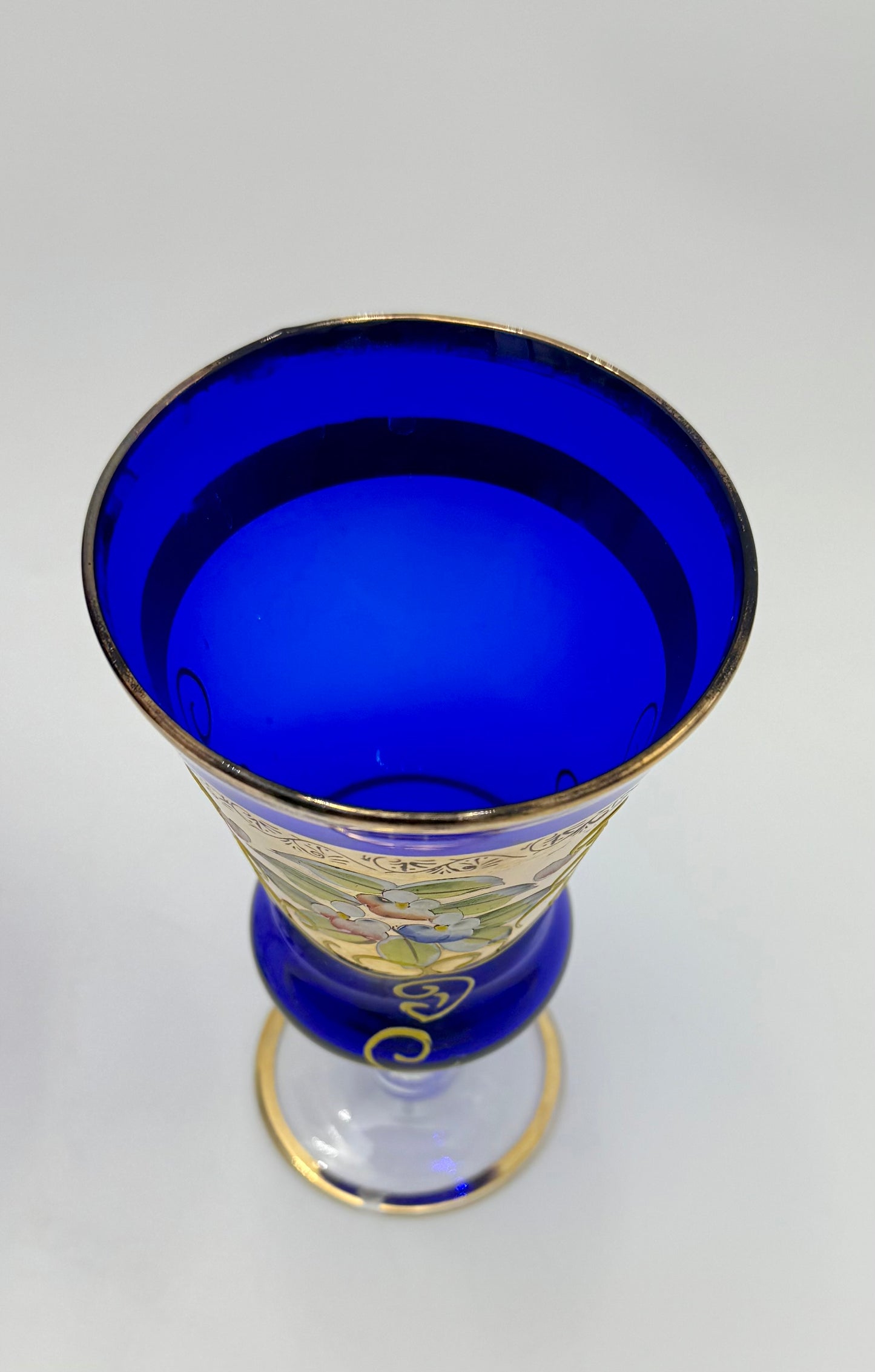 VINTAGE BOHEMIAN GLASS BLUE AND GOLD CANDY DISH AND VASE