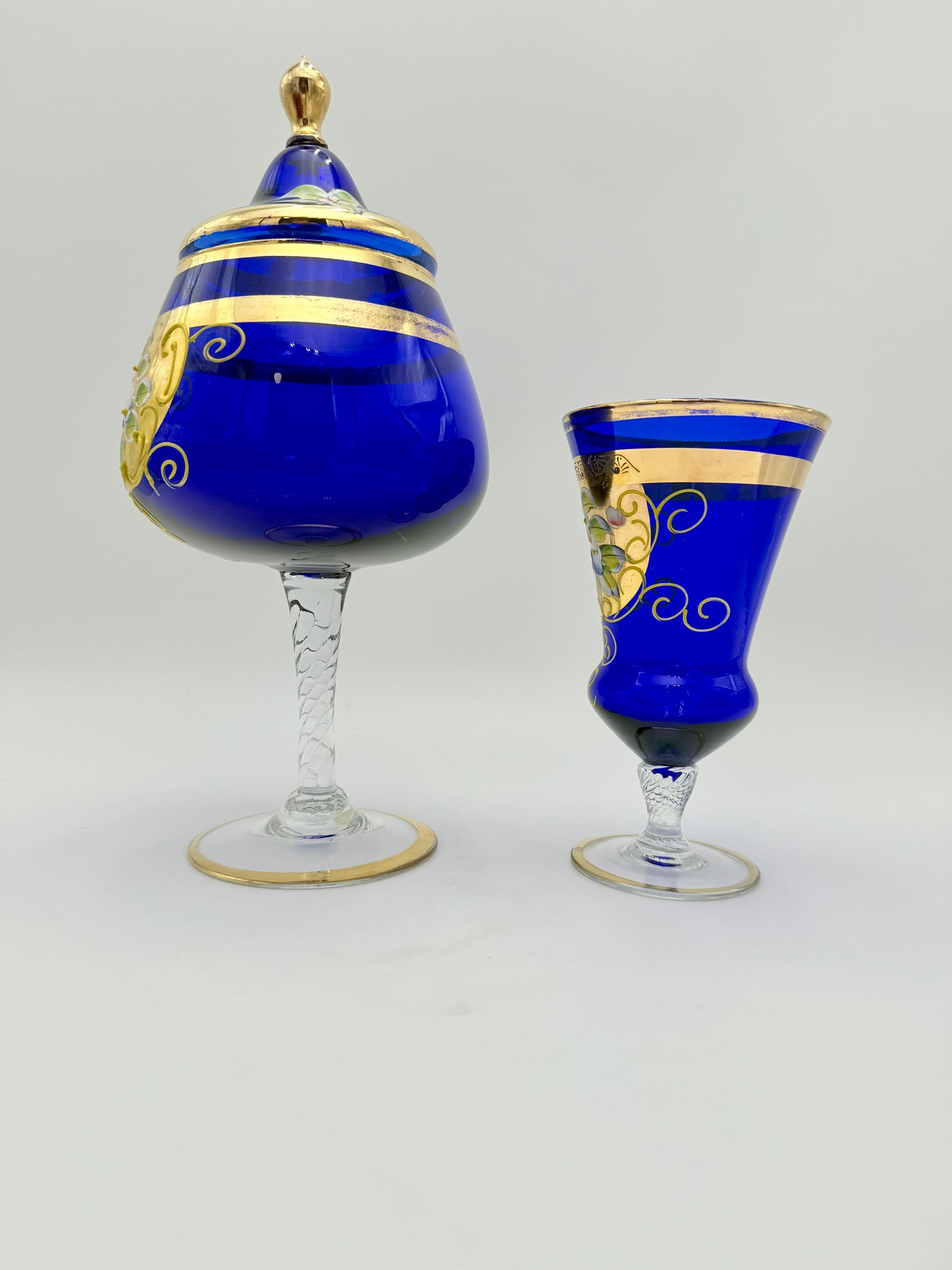 VINTAGE BOHEMIAN GLASS BLUE AND GOLD CANDY DISH AND VASE