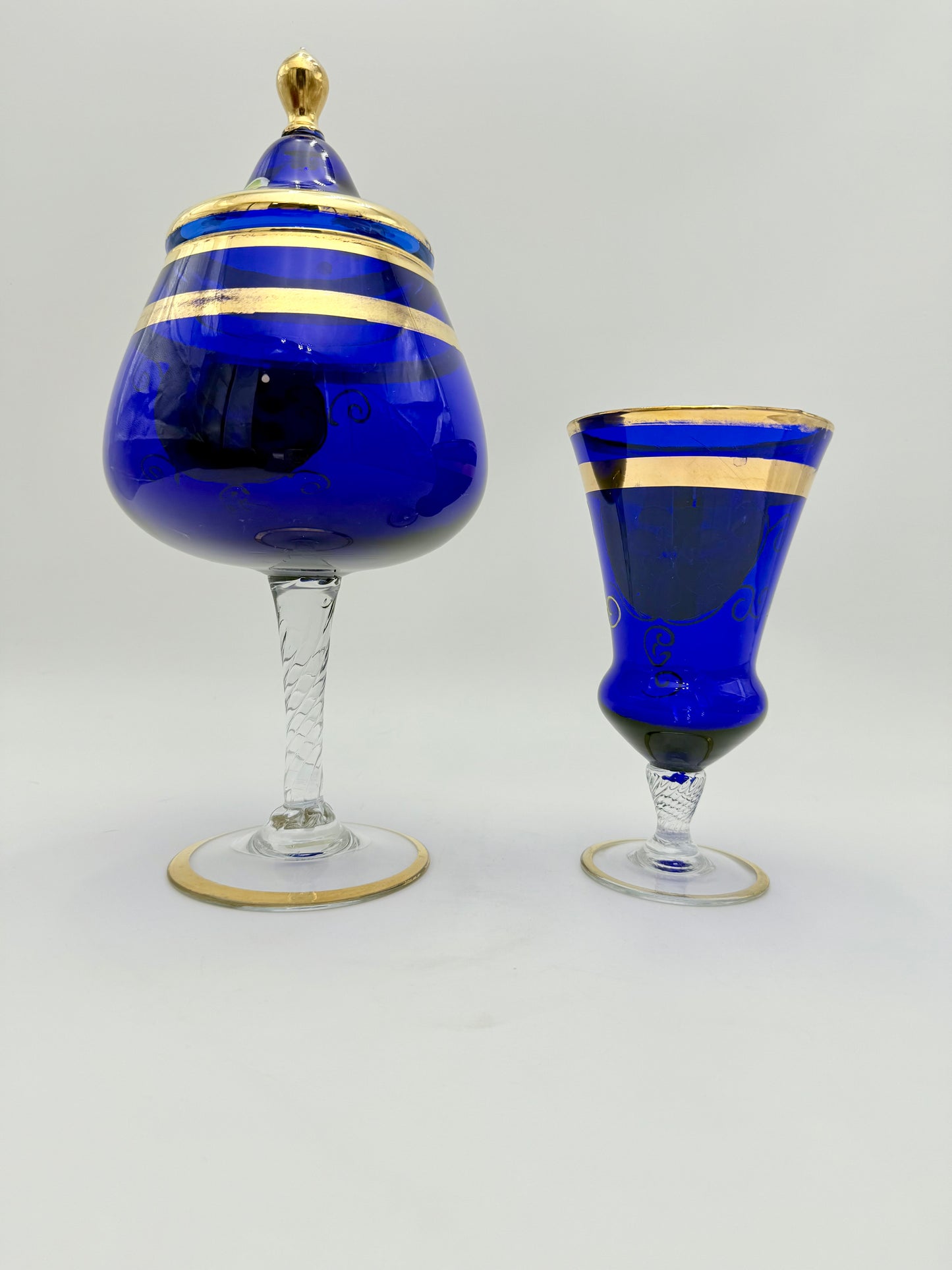 VINTAGE BOHEMIAN GLASS BLUE AND GOLD CANDY DISH AND VASE