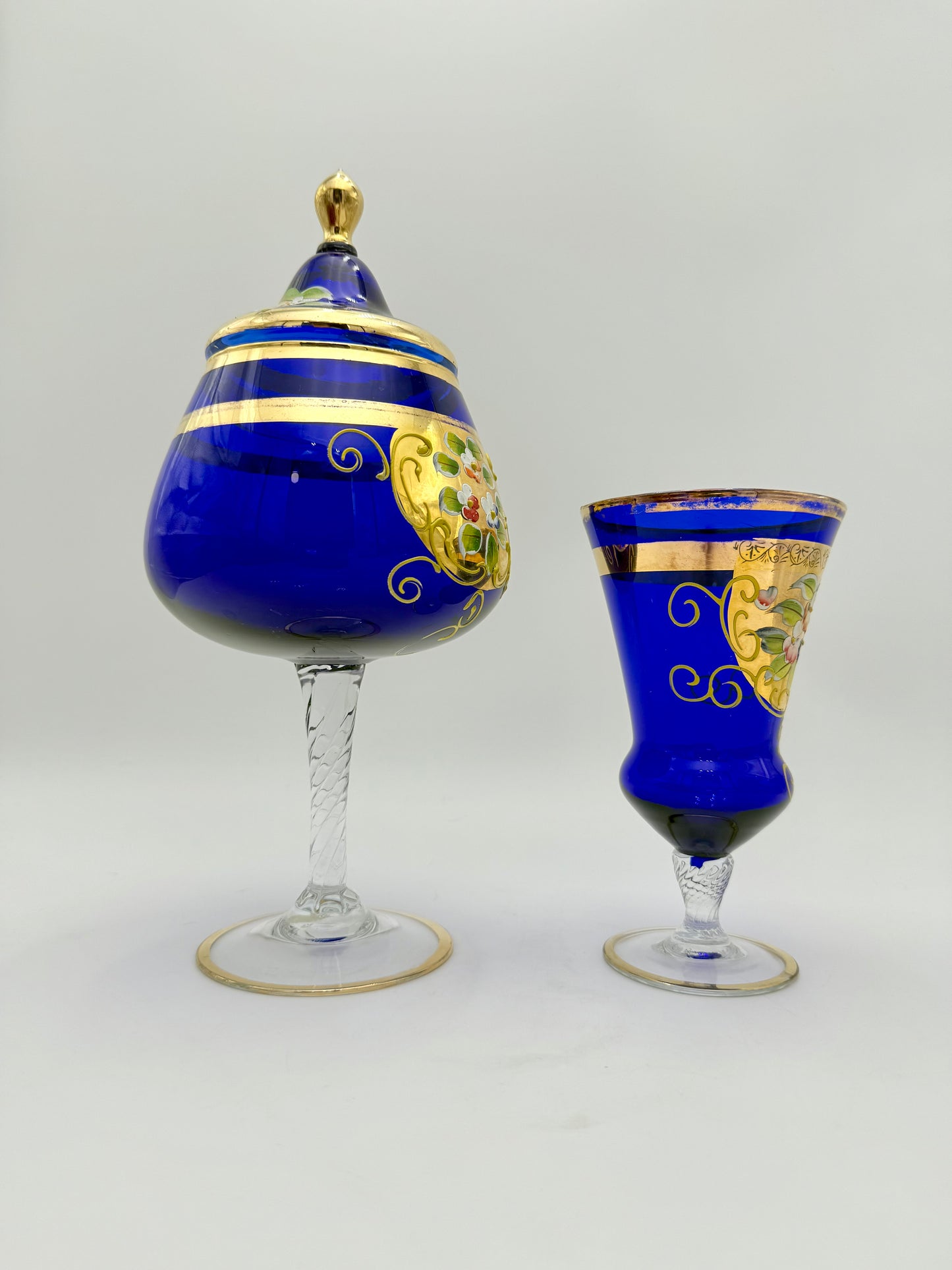 VINTAGE BOHEMIAN GLASS BLUE AND GOLD CANDY DISH AND VASE
