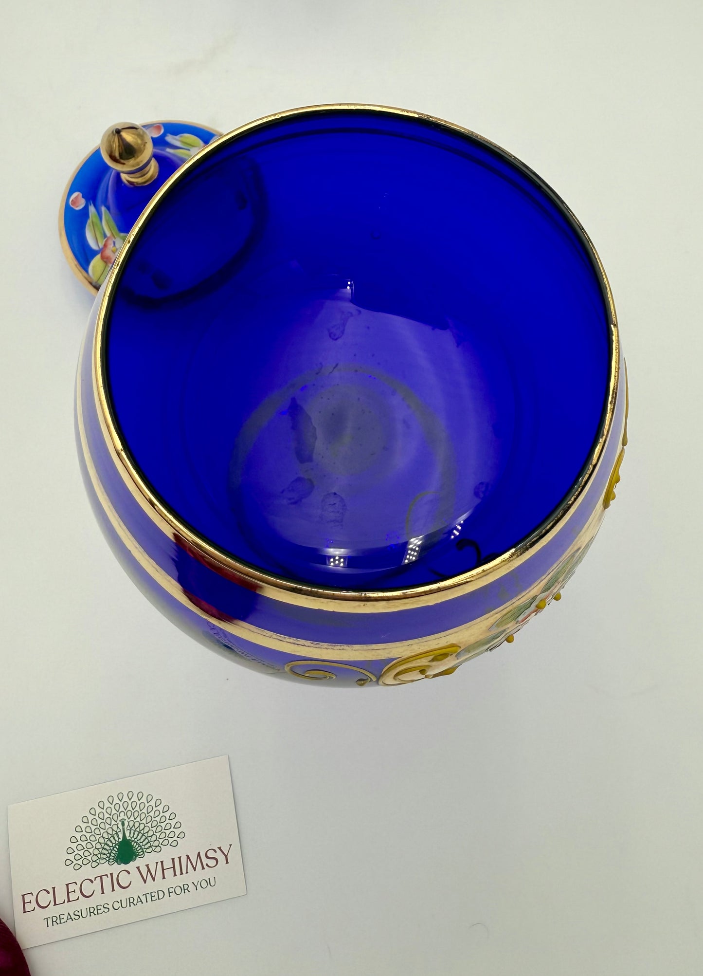 VINTAGE BOHEMIAN GLASS BLUE AND GOLD CANDY DISH AND VASE
