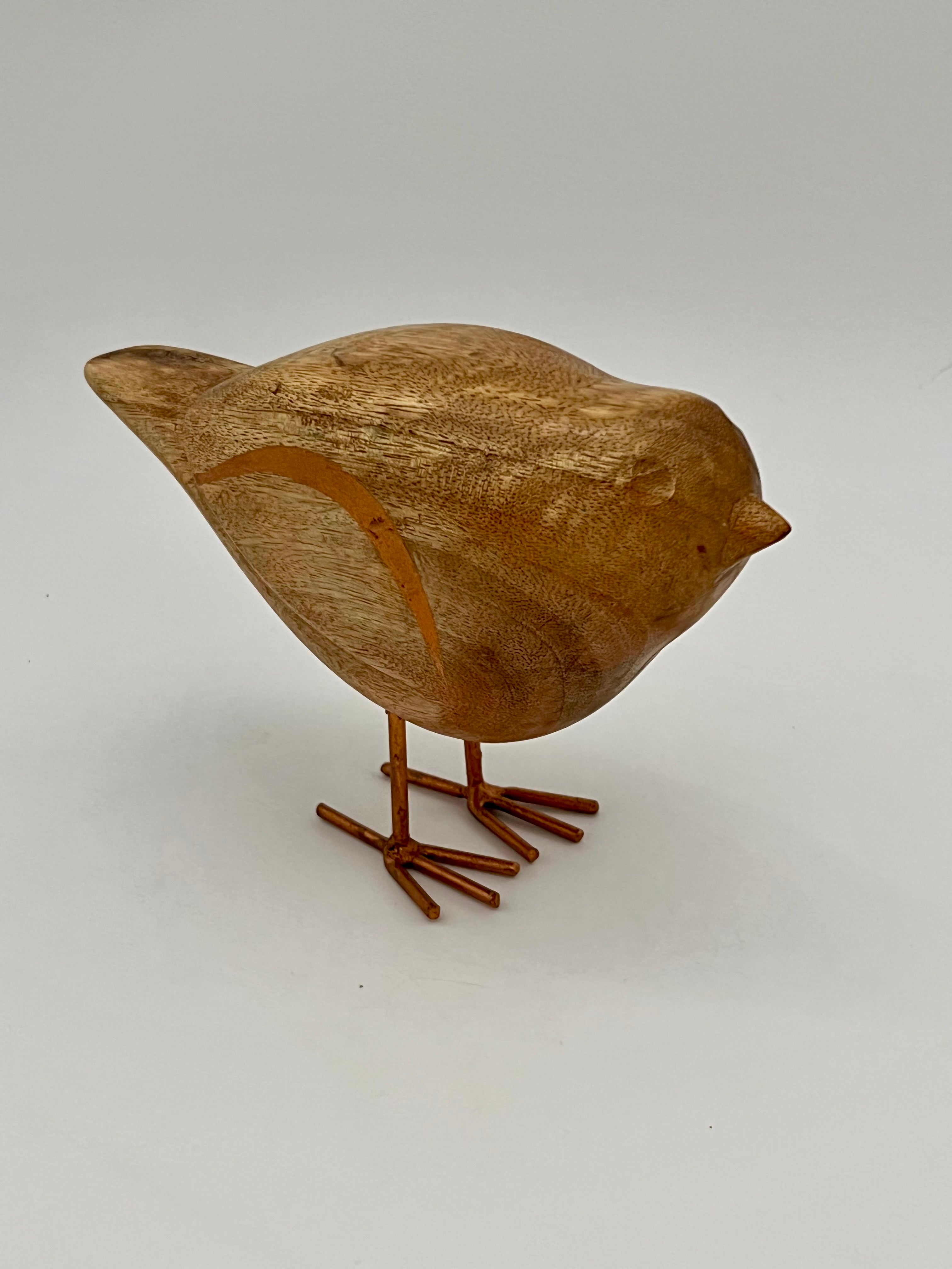 HAND-CARVED WOODEN BIRD SCULPTURE WITH METAL LEGS | 1970s–1980s MID-CENTURY MODERN STYLE DECORATIVE FIGURINE | NATURAL WOOD ACCENT | 8.5 INCHES WIDE