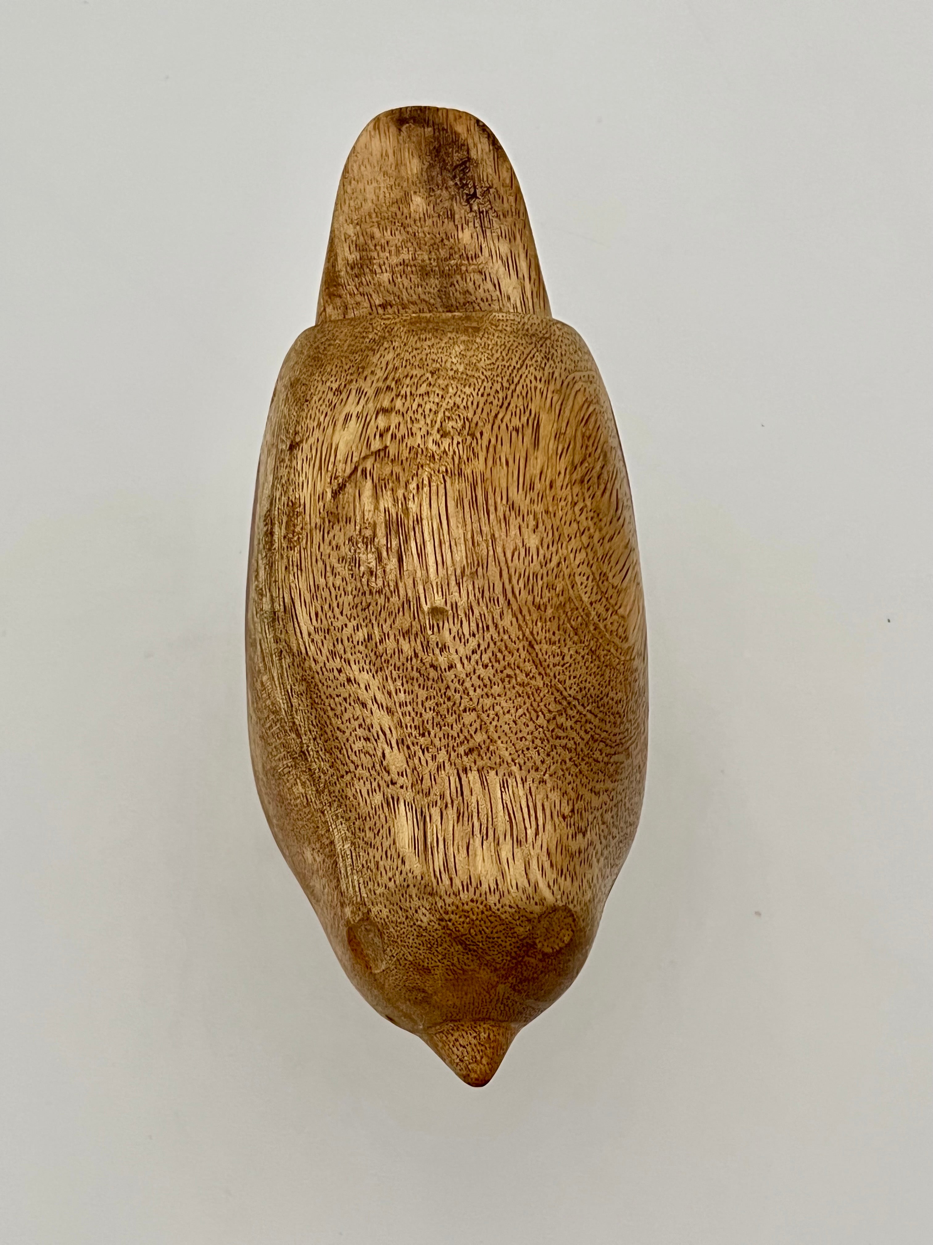 HAND-CARVED WOODEN BIRD SCULPTURE WITH METAL LEGS | 1970s–1980s MID-CENTURY MODERN STYLE DECORATIVE FIGURINE | NATURAL WOOD ACCENT | 8.5 INCHES WIDE