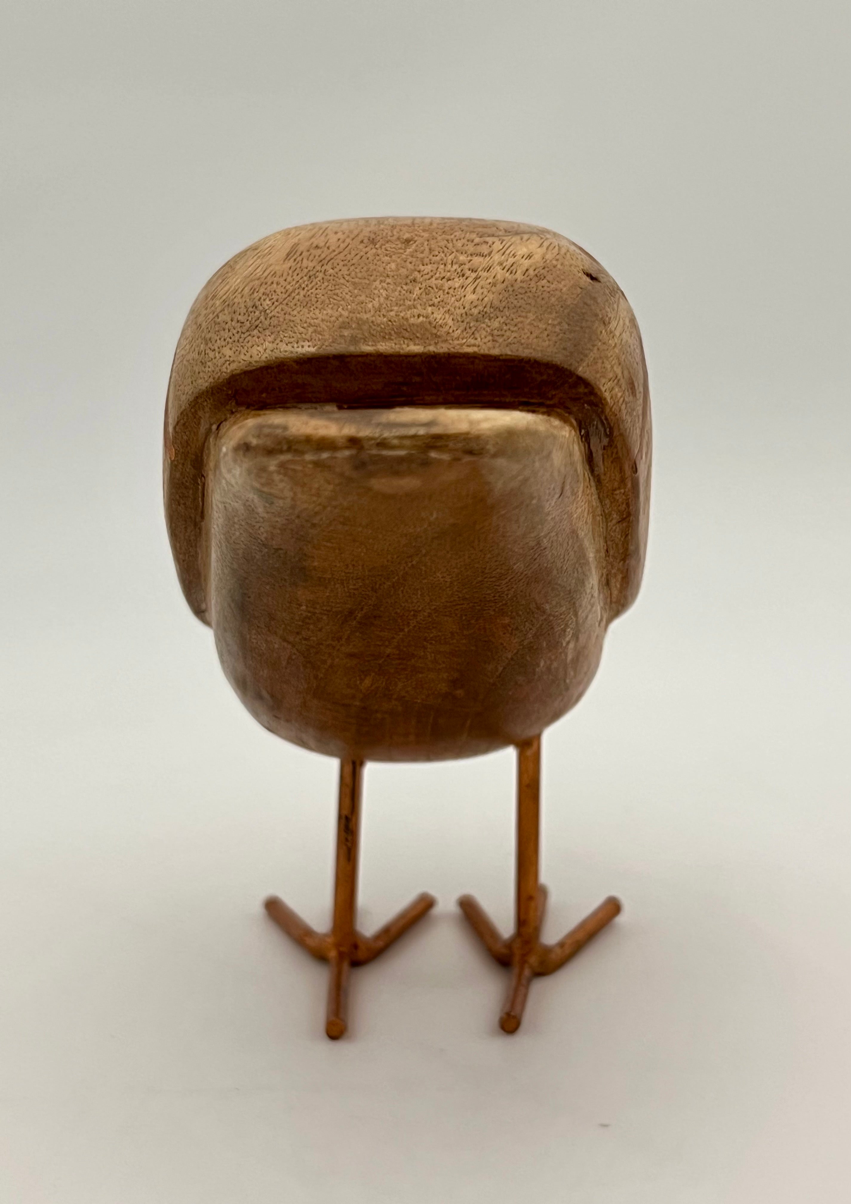 HAND-CARVED WOODEN BIRD SCULPTURE WITH METAL LEGS | 1970s–1980s MID-CENTURY MODERN STYLE DECORATIVE FIGURINE | NATURAL WOOD ACCENT | 8.5 INCHES WIDE