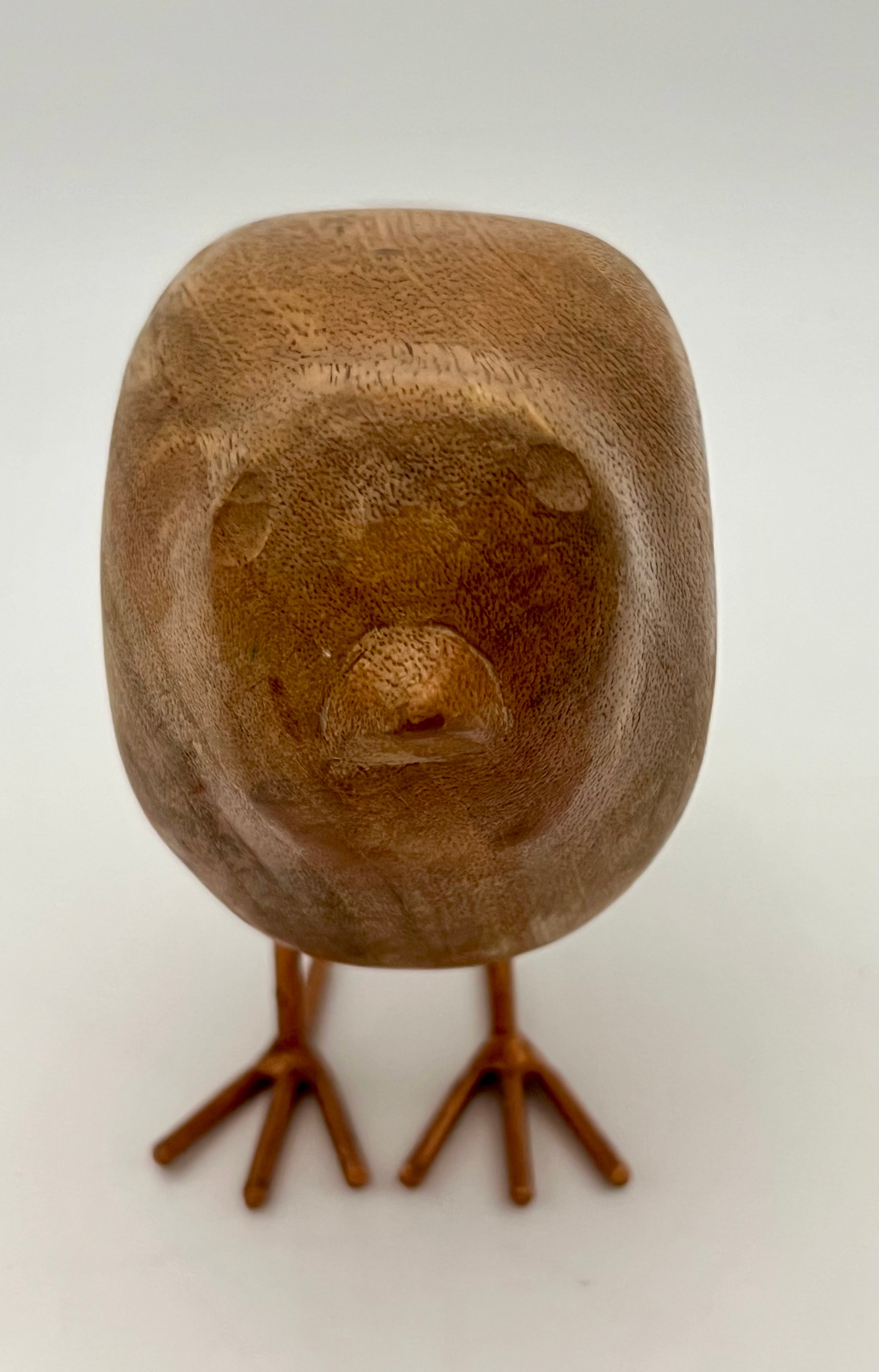 HAND-CARVED WOODEN BIRD SCULPTURE WITH METAL LEGS | 1970s–1980s MID-CENTURY MODERN STYLE DECORATIVE FIGURINE | NATURAL WOOD ACCENT | 8.5 INCHES WIDE