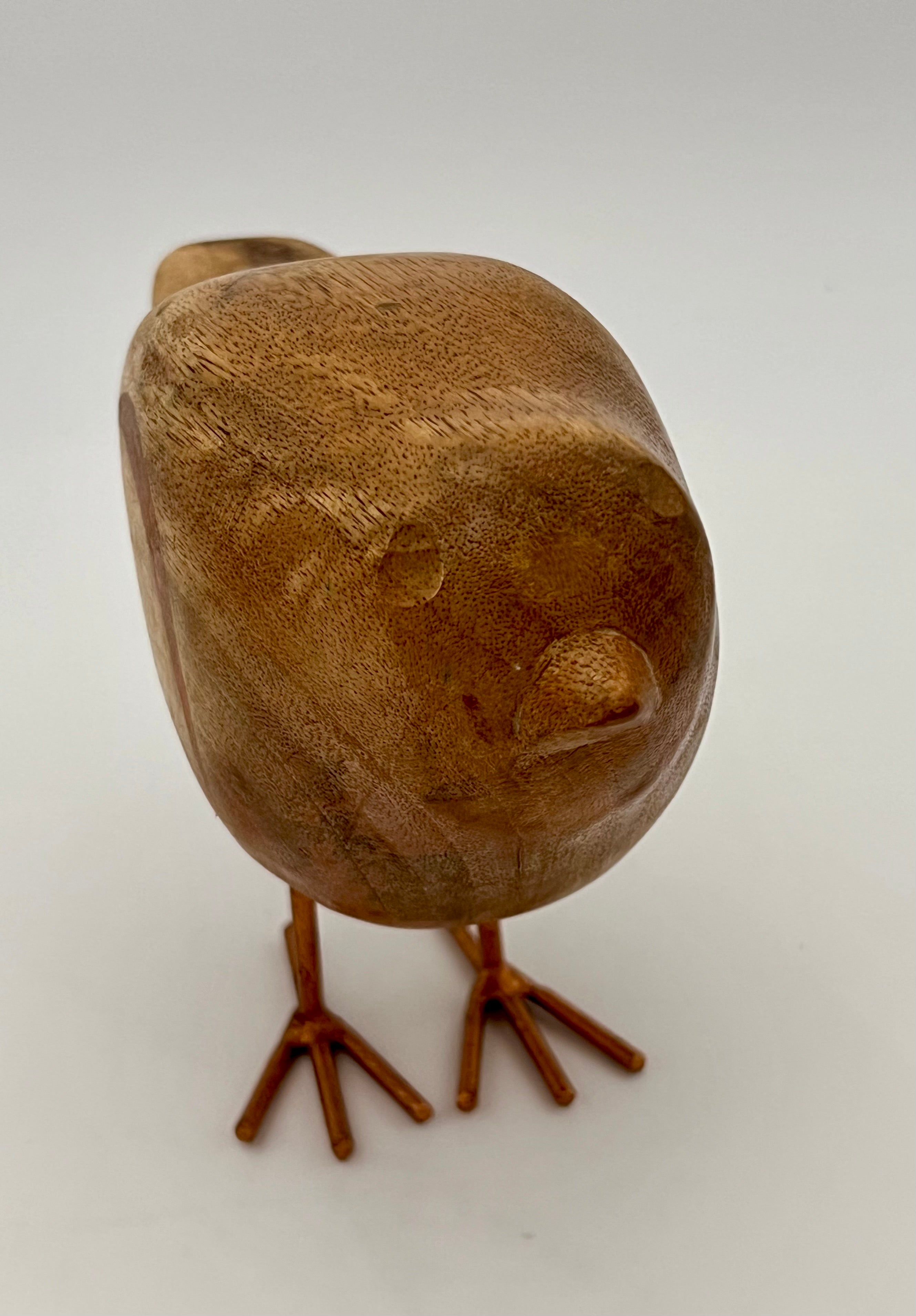 HAND-CARVED WOODEN BIRD SCULPTURE WITH METAL LEGS | 1970s–1980s MID-CENTURY MODERN STYLE DECORATIVE FIGURINE | NATURAL WOOD ACCENT | 8.5 INCHES WIDE