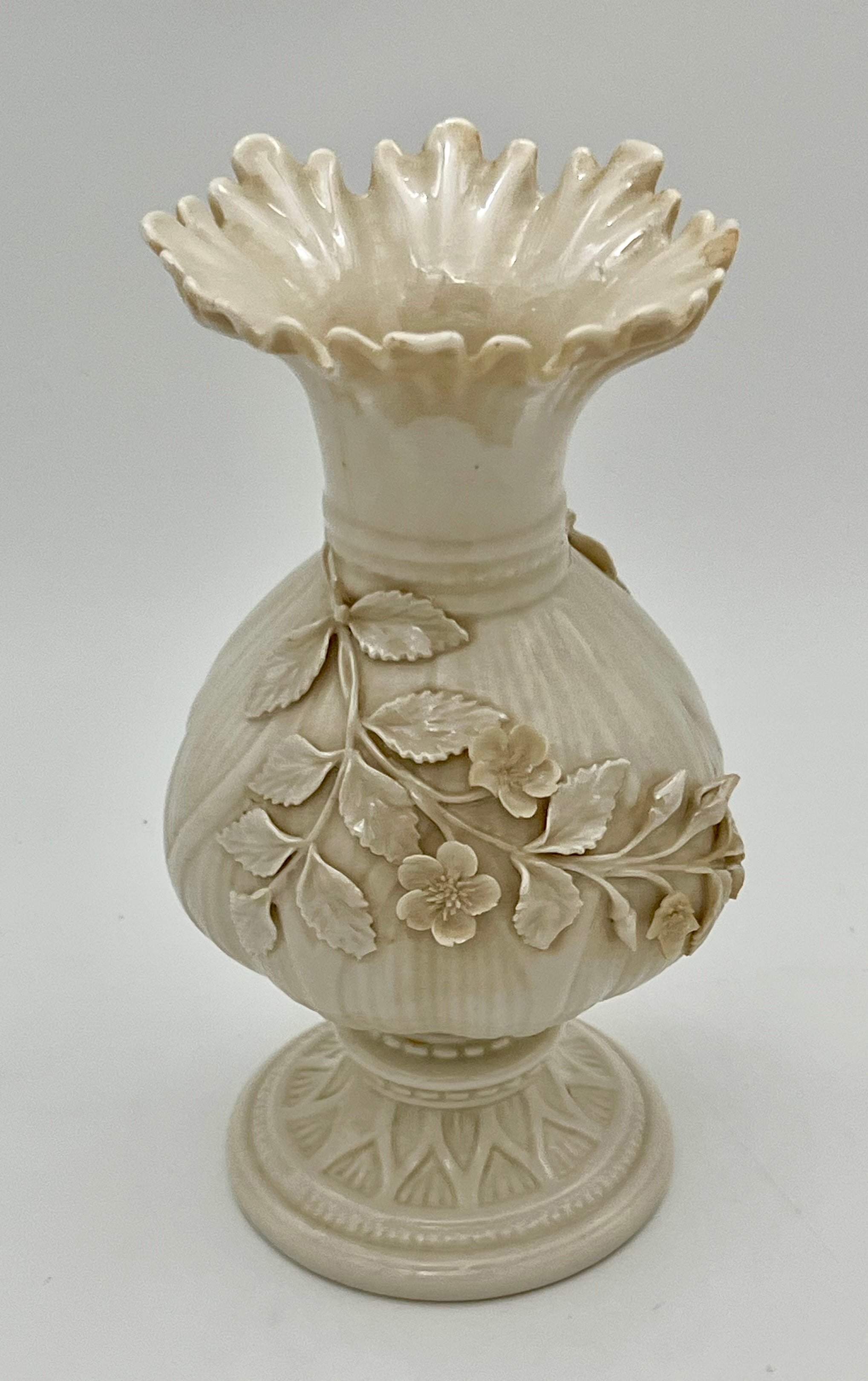 ANTIQUE BELLEEK PORCELAIN VASE 4TH GREEN MARK IRISH PARIAN FLORAL RELIEF