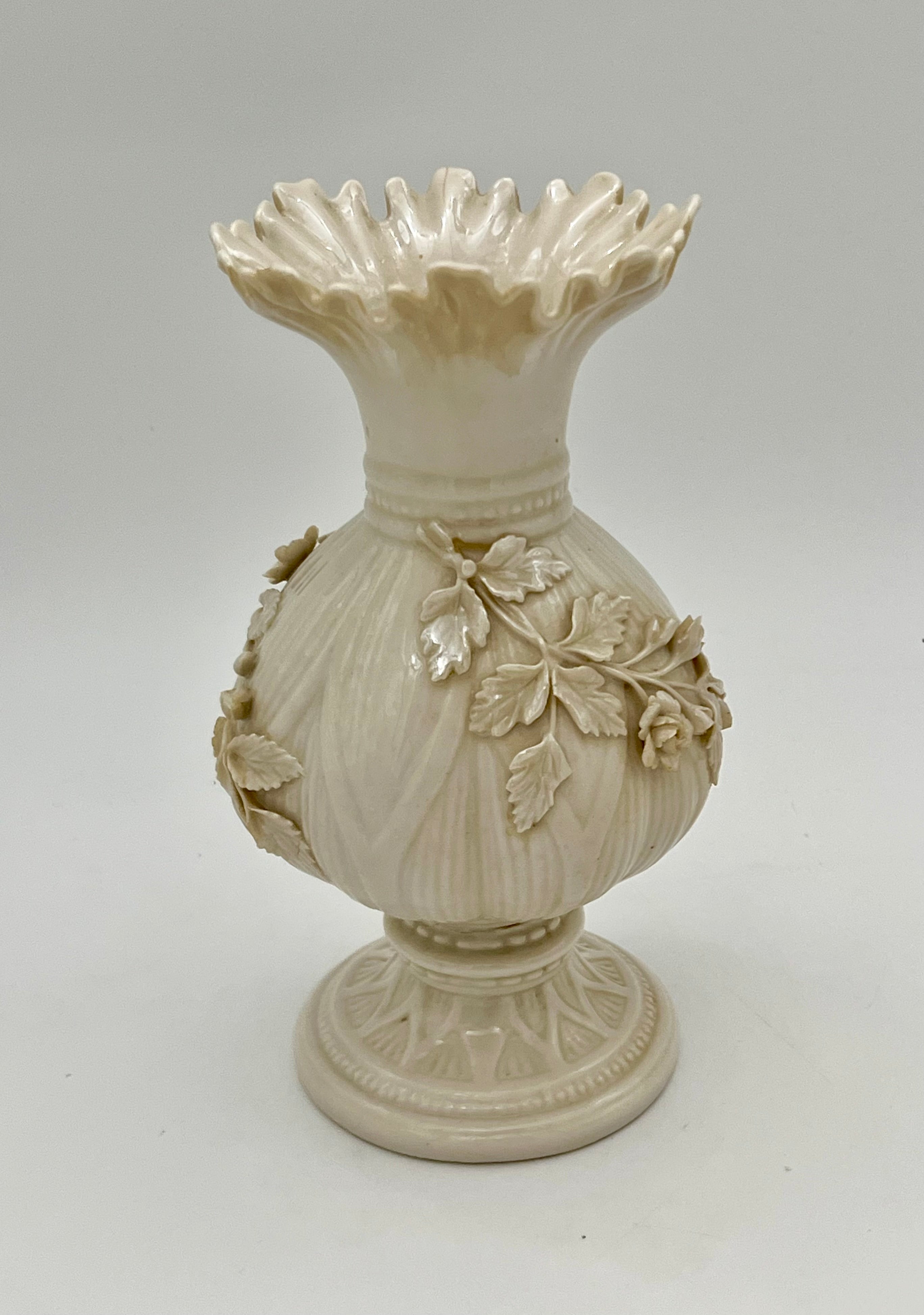 ANTIQUE BELLEEK PORCELAIN VASE 4TH GREEN MARK IRISH PARIAN FLORAL RELIEF