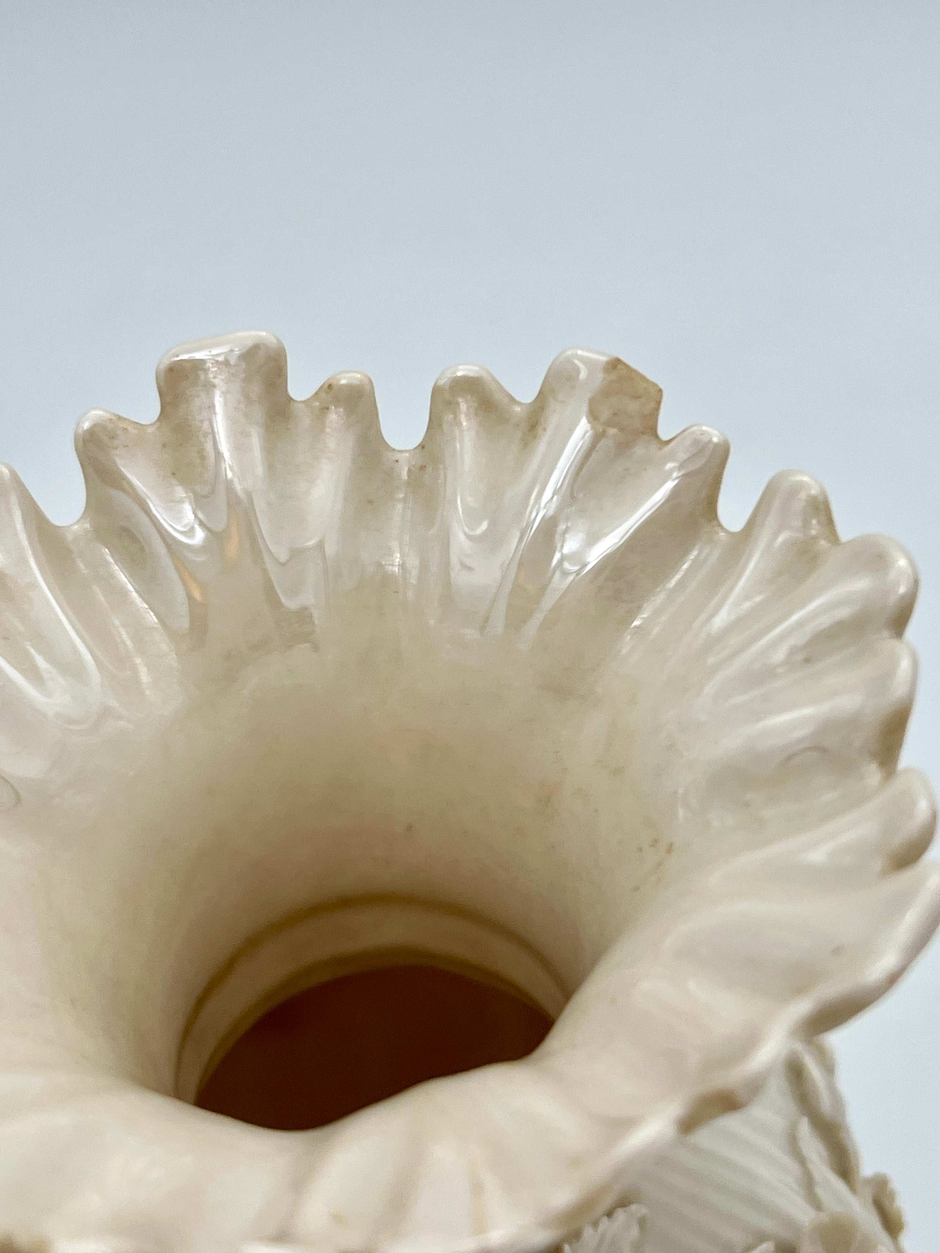 ANTIQUE BELLEEK PORCELAIN VASE 4TH GREEN MARK IRISH PARIAN FLORAL RELIEF
