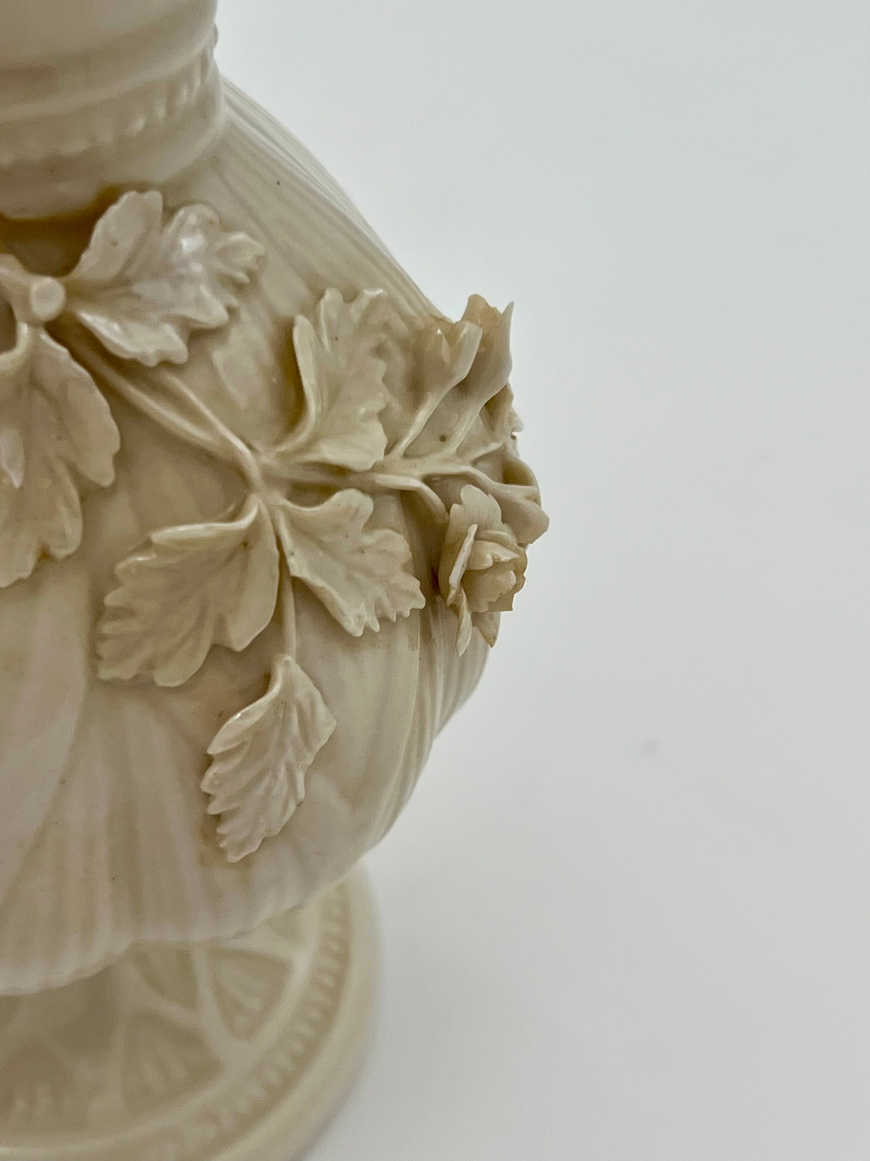 ANTIQUE BELLEEK PORCELAIN VASE 4TH GREEN MARK IRISH PARIAN FLORAL RELIEF