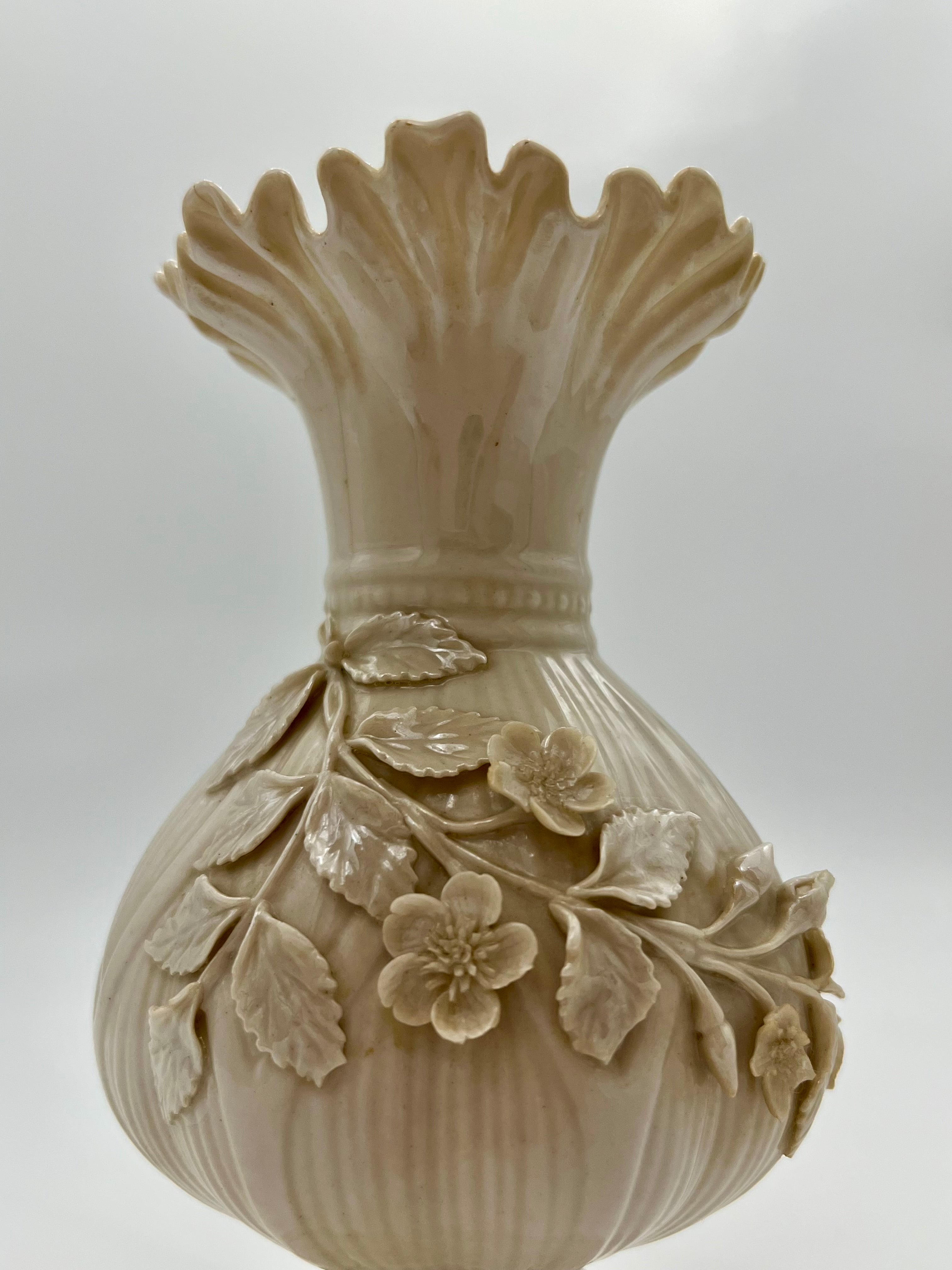 ANTIQUE BELLEEK PORCELAIN VASE 4TH GREEN MARK IRISH PARIAN FLORAL RELIEF