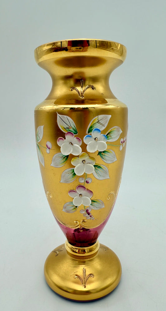 VINTAGE MOSER BOHEMIAN CRYSTAL GLASS RASPBERRY AND GOLD VASE