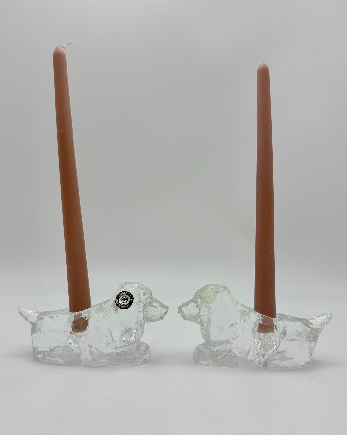 PAIR OF MIDCENTURY PUPPY HEAVY CRYSTAL CANDLESTICK HOLDERS