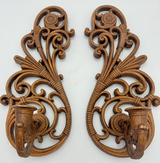PAIR OF 1978 BOHO FAUX RATTAN WALL CANDLEHOLDER WALL SCONCES