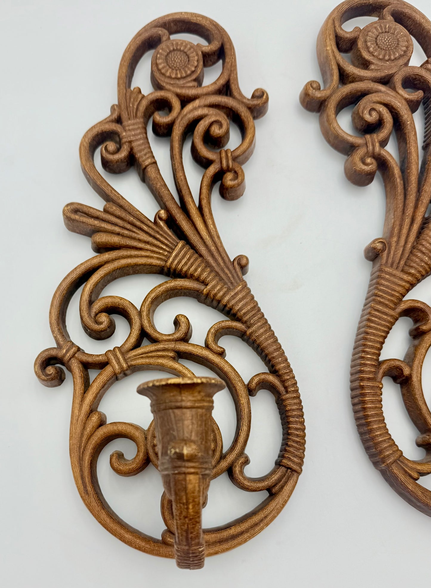 PAIR OF 1978 BOHO FAUX RATTAN WALL CANDLEHOLDER WALL SCONCES