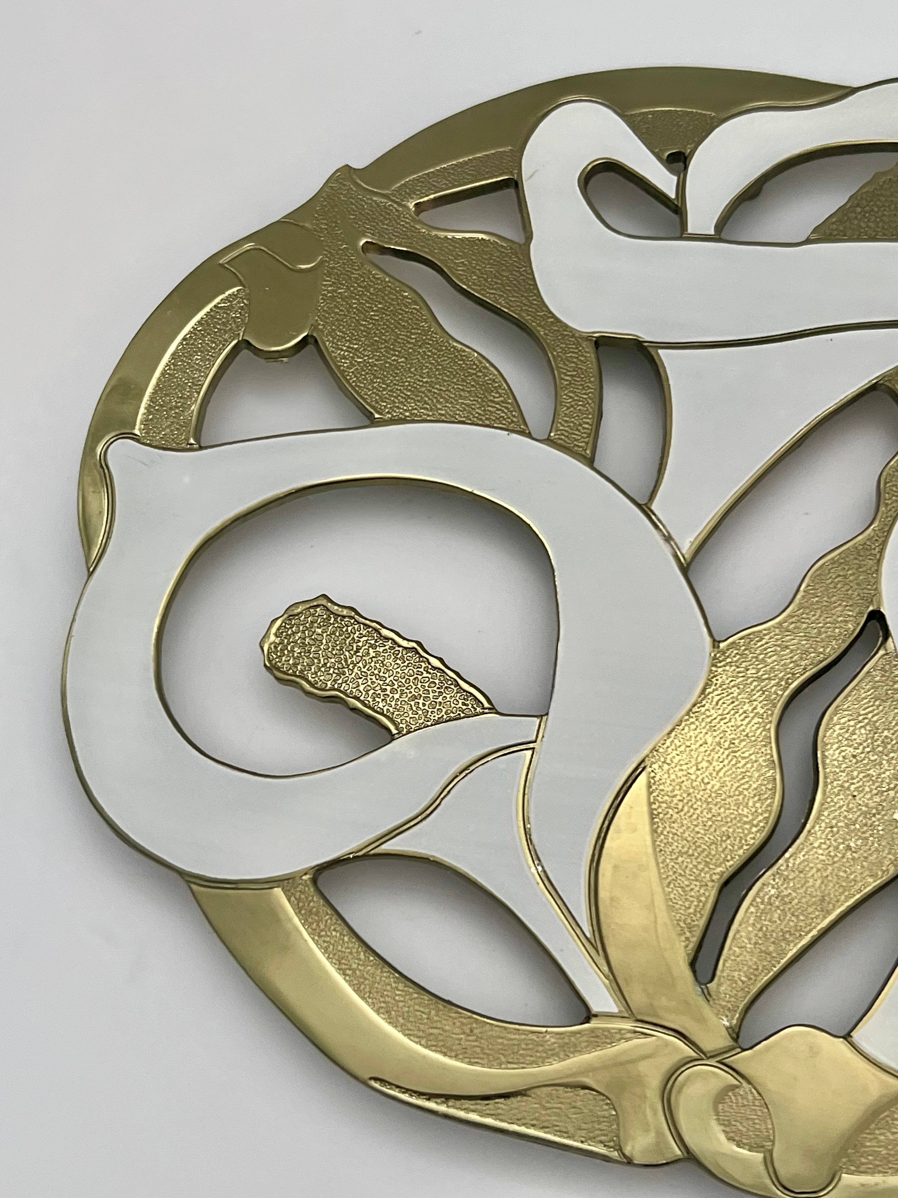VINTAGE BRASS AND WHITE ENAMEL CALLA LILY TRIVET