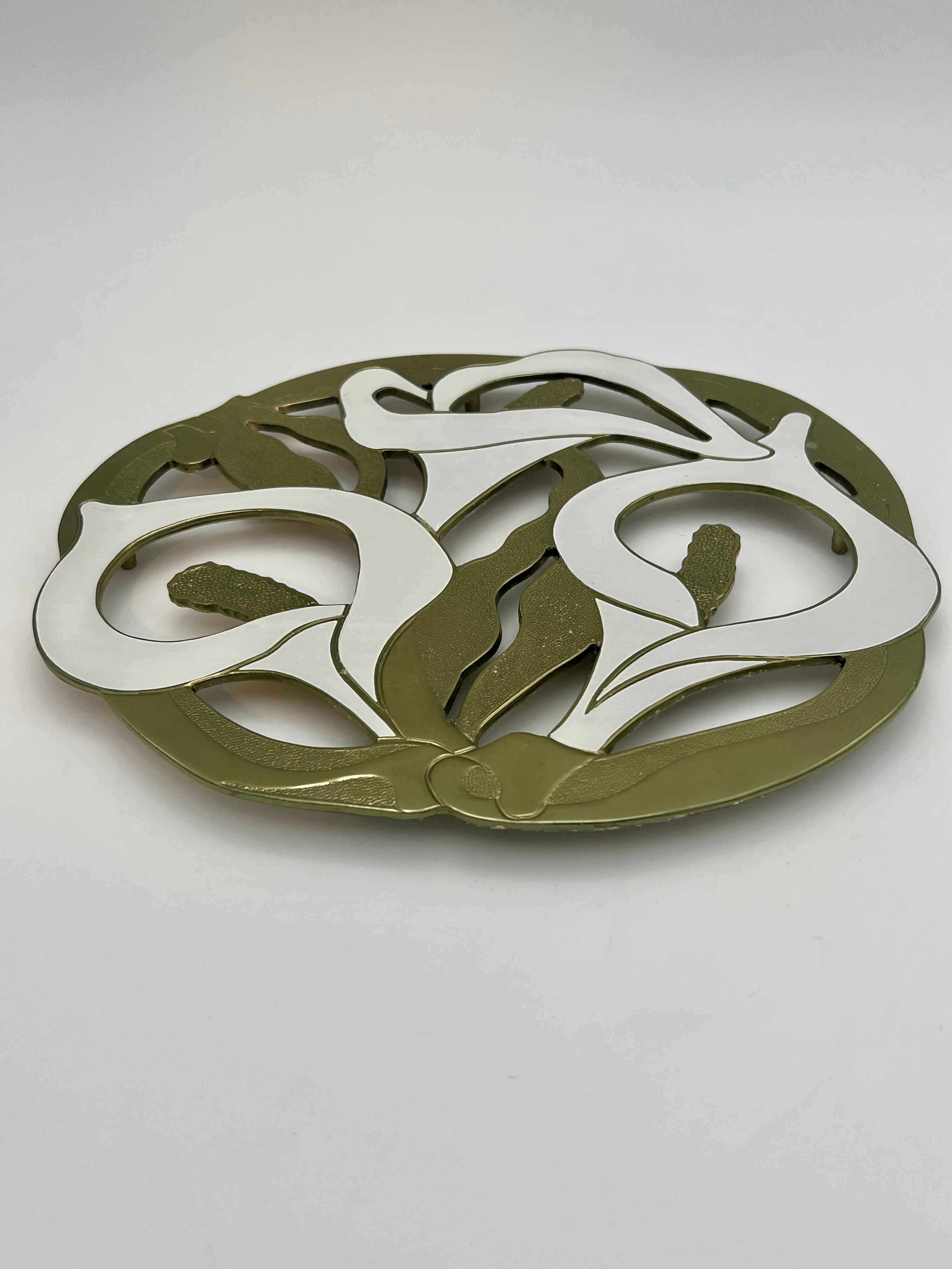 VINTAGE BRASS AND WHITE ENAMEL CALLA LILY TRIVET