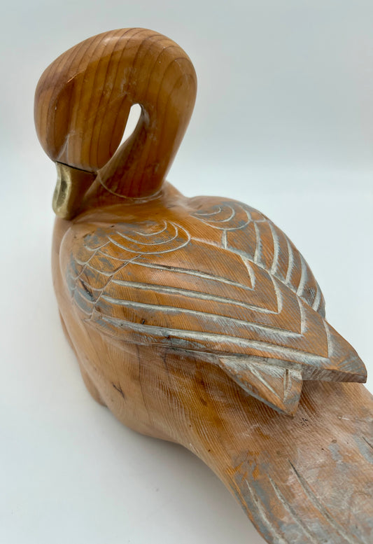 WOOD CARVED SLEEPING DUCK HAND PAINTED WITH BRASS DETAIL