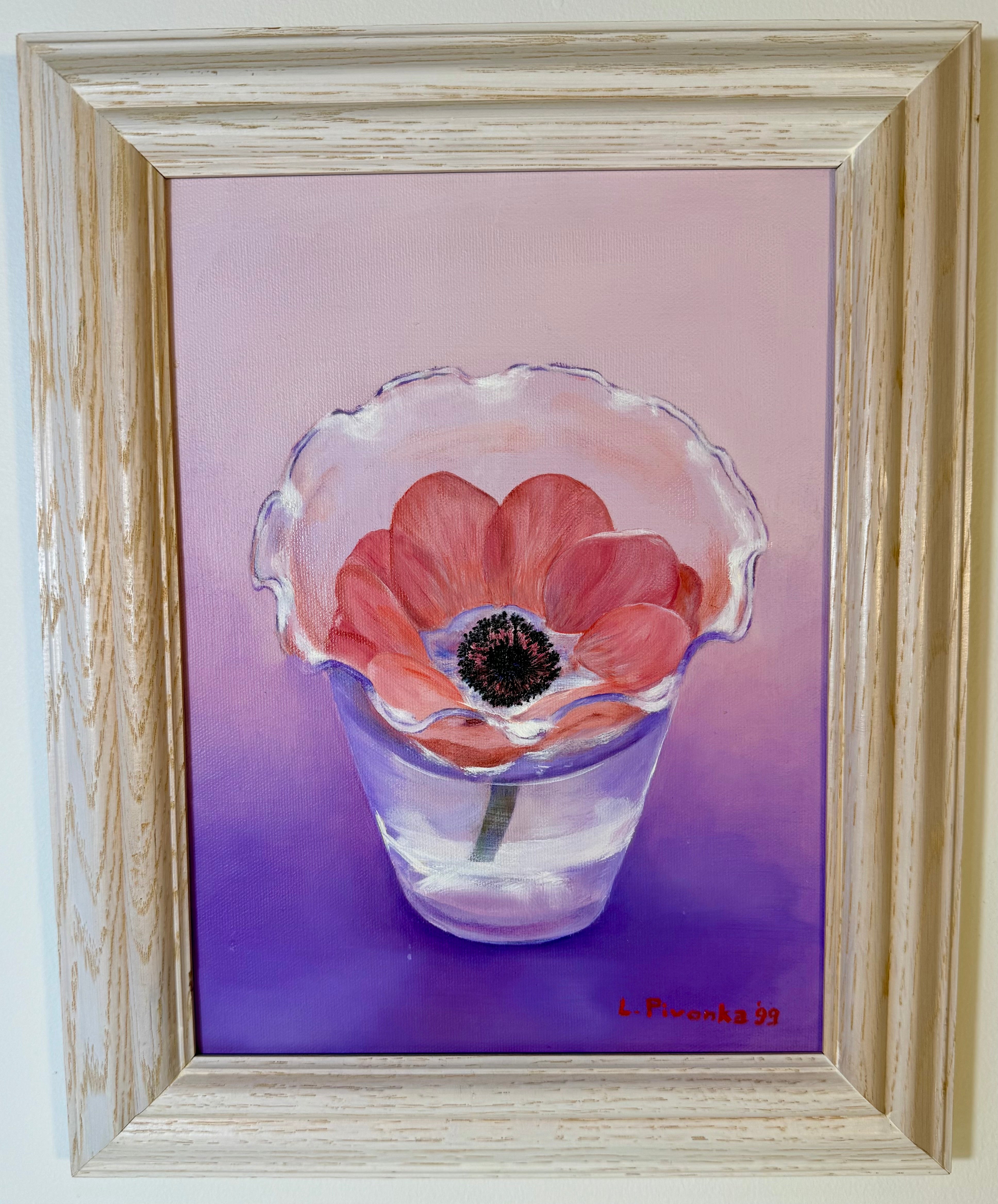 ORIGINAL SIGNED FLORAL PAINTING 1999 ACRYLIC ON CANVAS PINK FLOWER STILL LIFE FRAMED