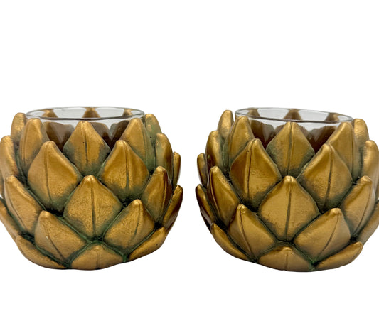 PAIR OF VINTAGE HEAVY GOLD ARTICHOKE VOTIVE CANDLE HOLDERS
