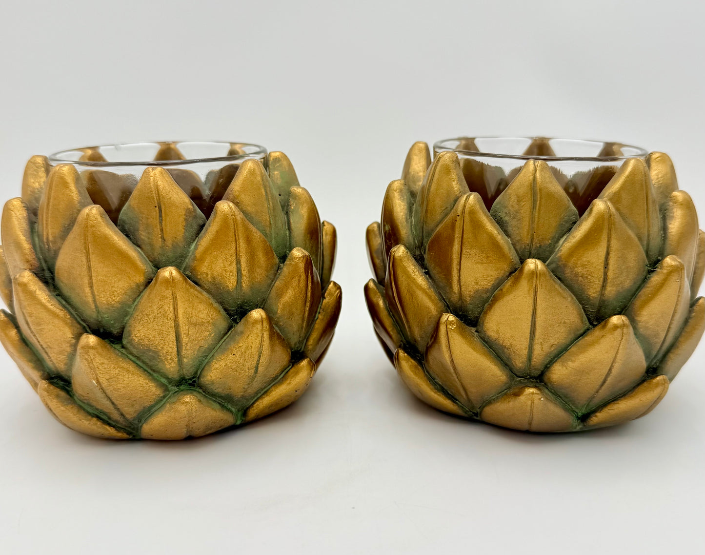 PAIR OF VINTAGE HEAVY GOLD ARTICHOKE VOTIVE CANDLE HOLDERS