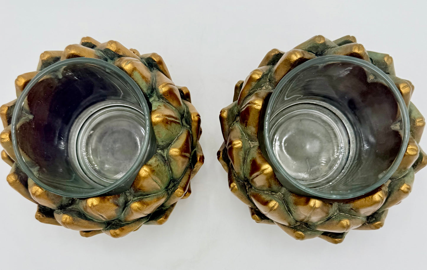 PAIR OF VINTAGE HEAVY GOLD ARTICHOKE VOTIVE CANDLE HOLDERS