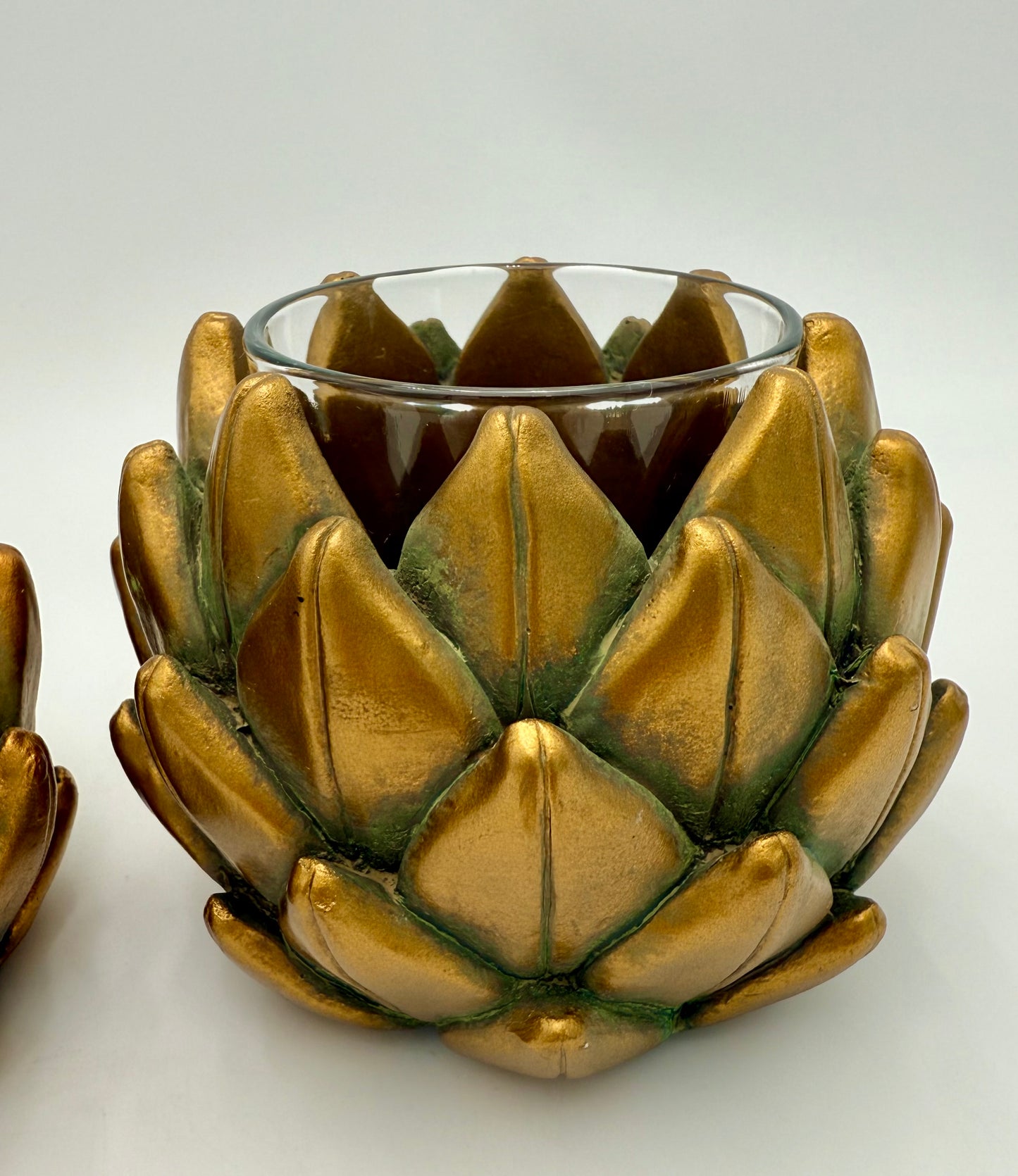 PAIR OF VINTAGE HEAVY GOLD ARTICHOKE VOTIVE CANDLE HOLDERS