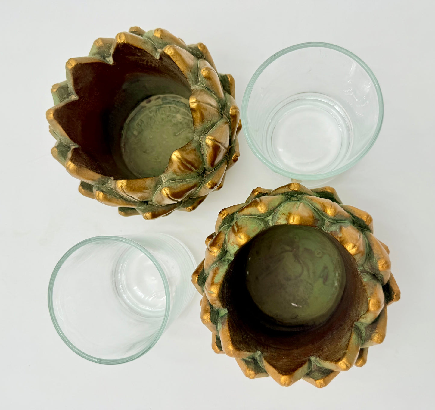 PAIR OF VINTAGE HEAVY GOLD ARTICHOKE VOTIVE CANDLE HOLDERS