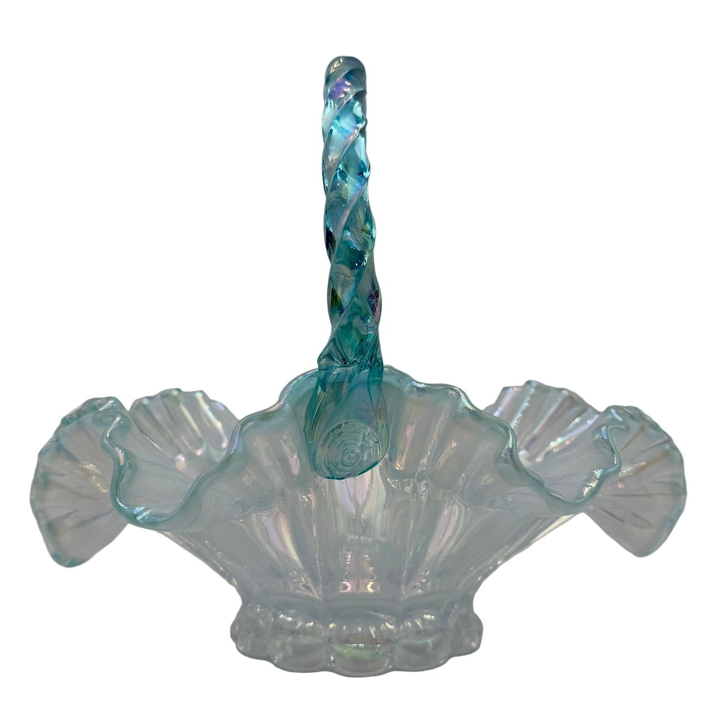 VINTAGE FENTON ART GLASS IRIDESCENT SCALLOPED LIGHT BLUE BASKET