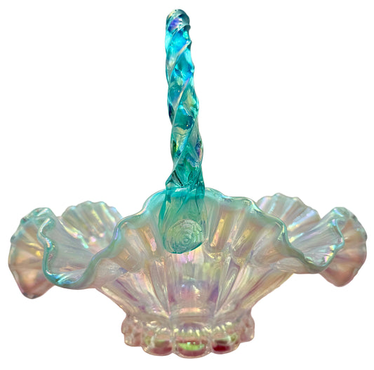 VINTAGE FENTON ART GLASS IRIDESCENT SCALLOPED LIGHT BLUE BASKET