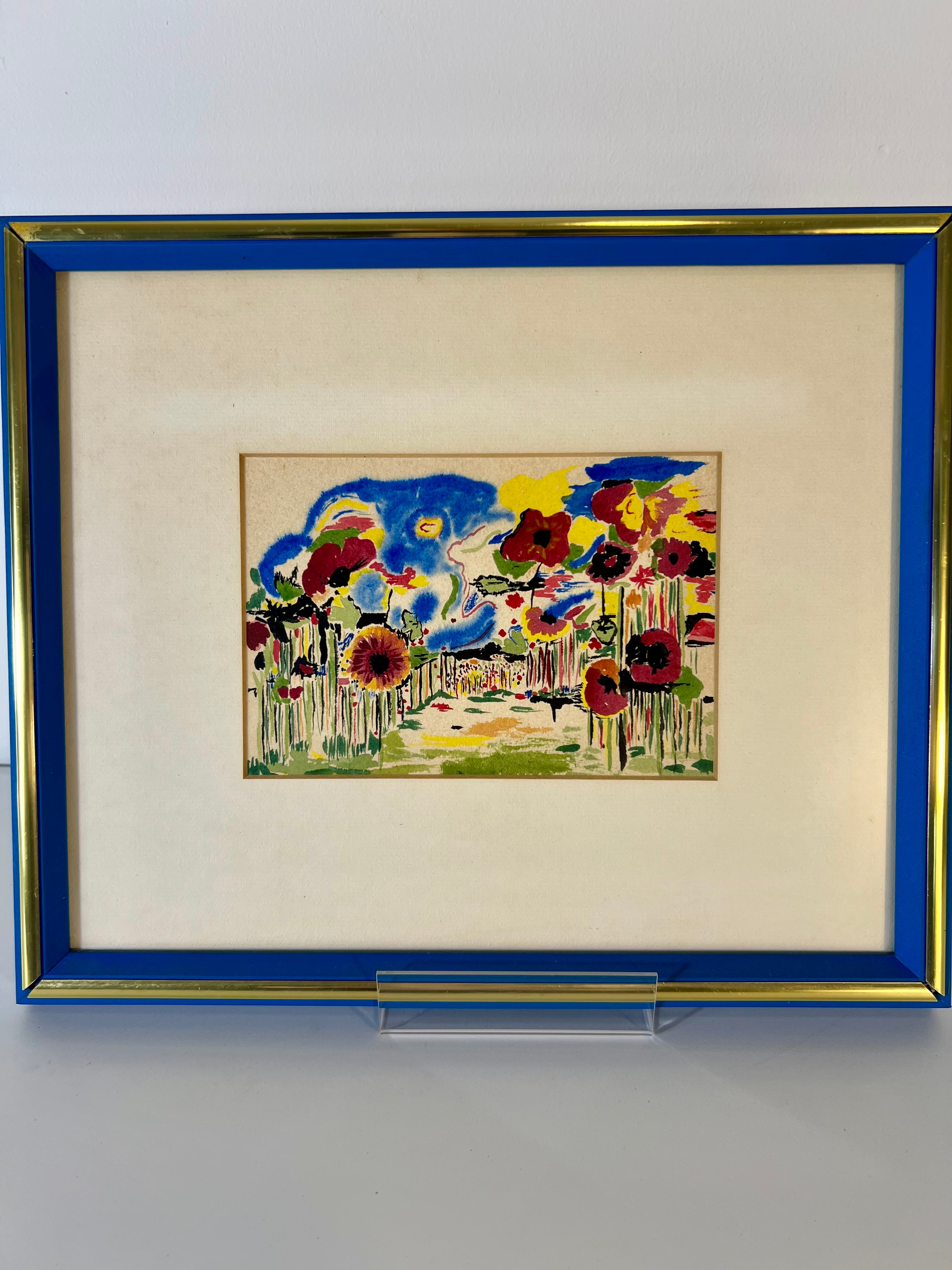 ORIGINAL MID-CENTURY MODERN WATERCOLOR – ATTRIBUTED TO RONALD JULIUS CHRISTENSEN, FLORAL POPPY GARDEN ART