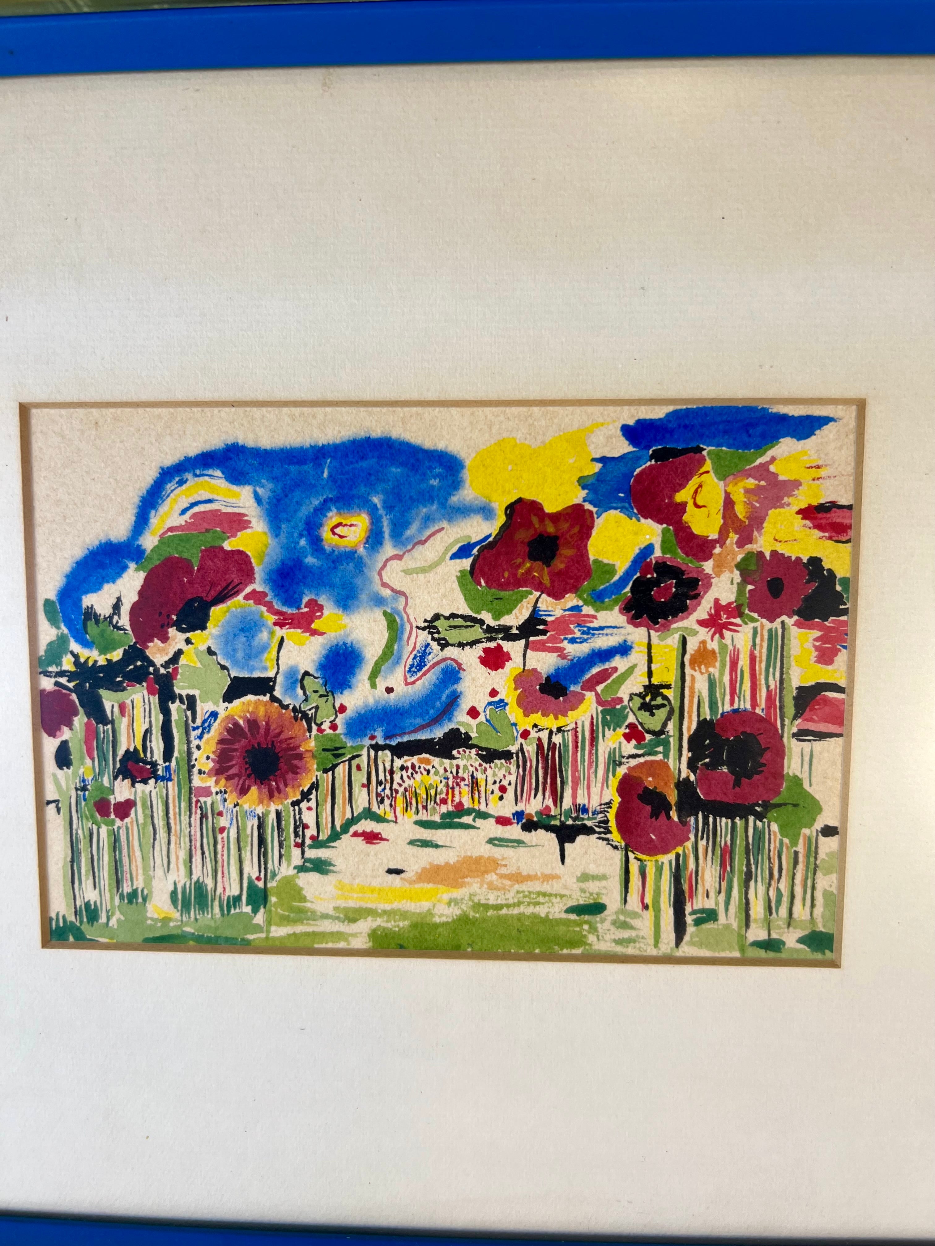 ORIGINAL MID-CENTURY MODERN WATERCOLOR – ATTRIBUTED TO RONALD JULIUS CHRISTENSEN, FLORAL POPPY GARDEN ART