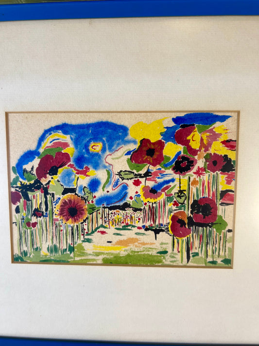 ORIGINAL MID-CENTURY MODERN WATERCOLOR – ATTRIBUTED TO RONALD JULIUS CHRISTENSEN, FLORAL POPPY GARDEN ART