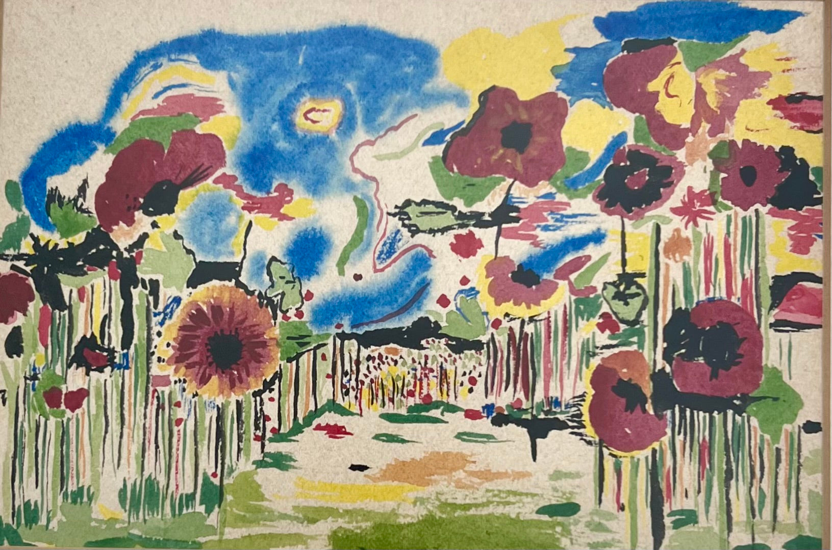 ORIGINAL MID-CENTURY MODERN WATERCOLOR – ATTRIBUTED TO RONALD JULIUS CHRISTENSEN, FLORAL POPPY GARDEN ART